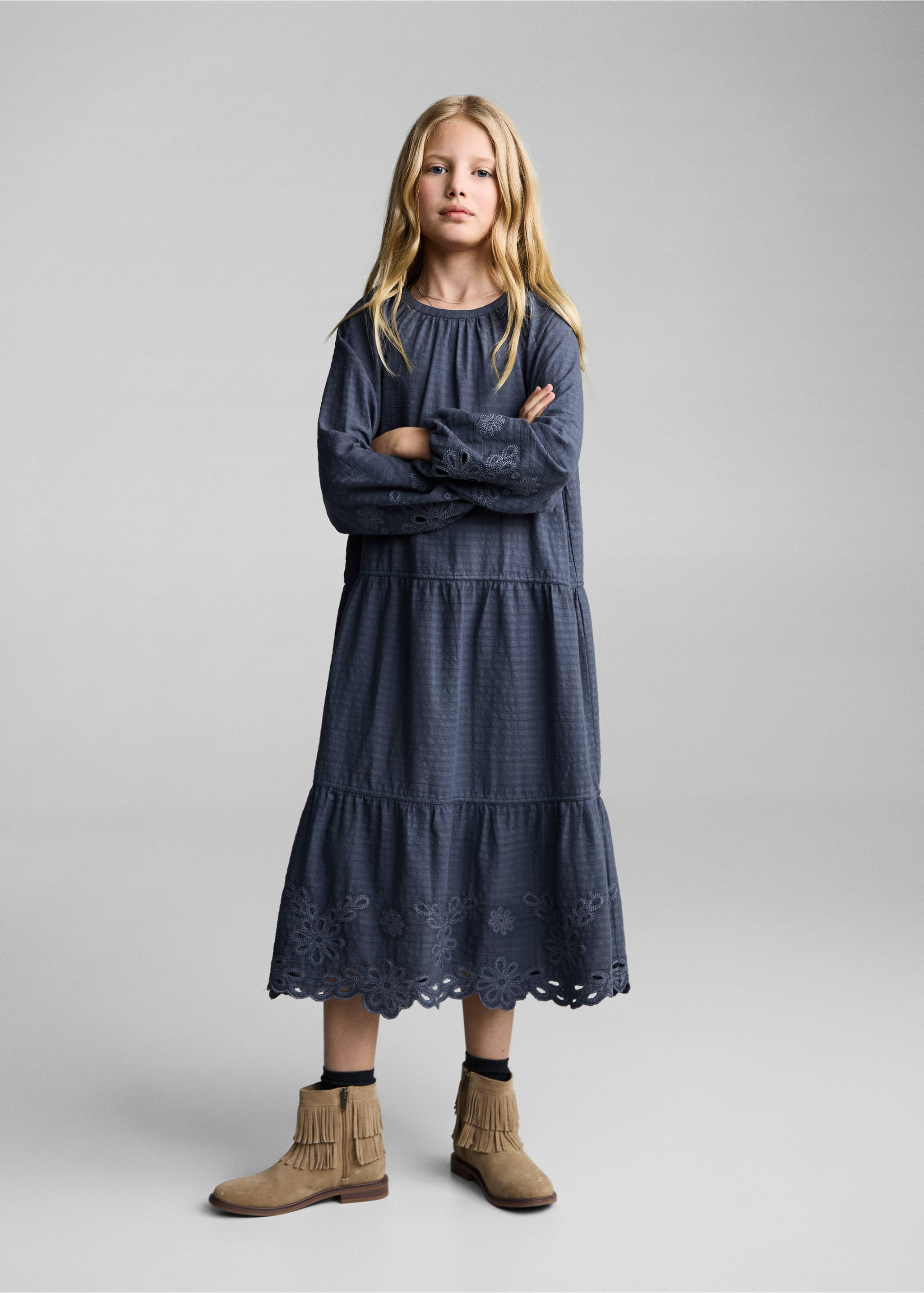 Embroidered textured dress - General plane, Blue. Ref: 87074796-00.