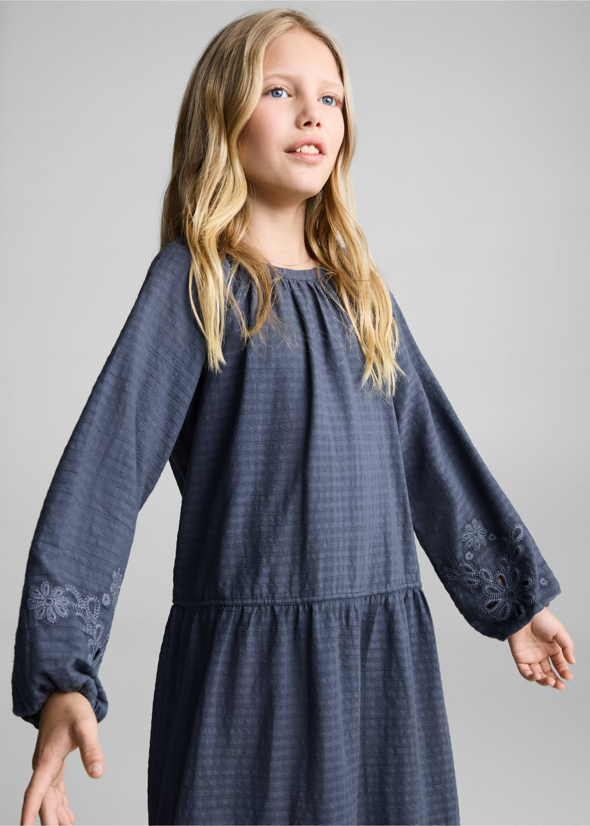 Embroidered textured dress - Medium plane, Blue. Ref: 87074796-00.