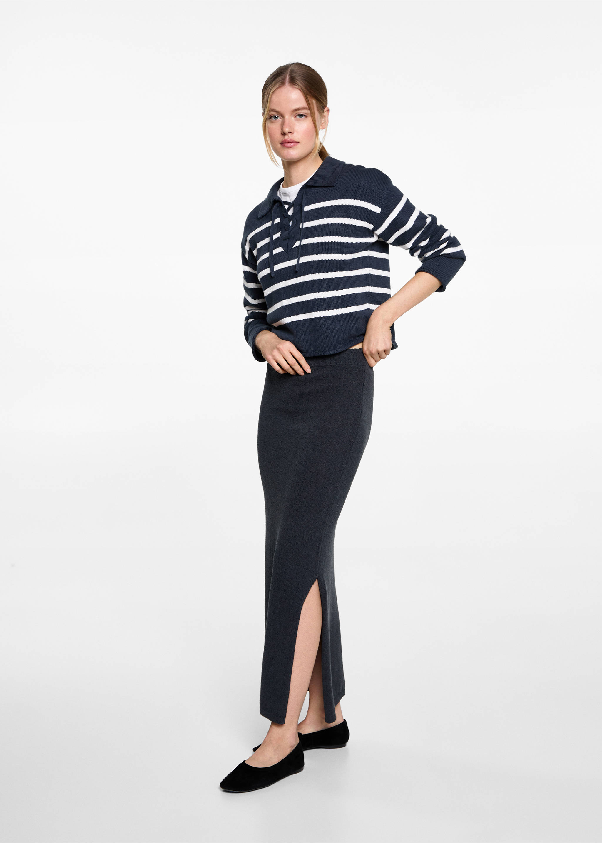 Langer Rock mit seitlichem Schlitz - Allgemeine Ansicht, Dunkles Marineblau. Ref: 87074805-00.