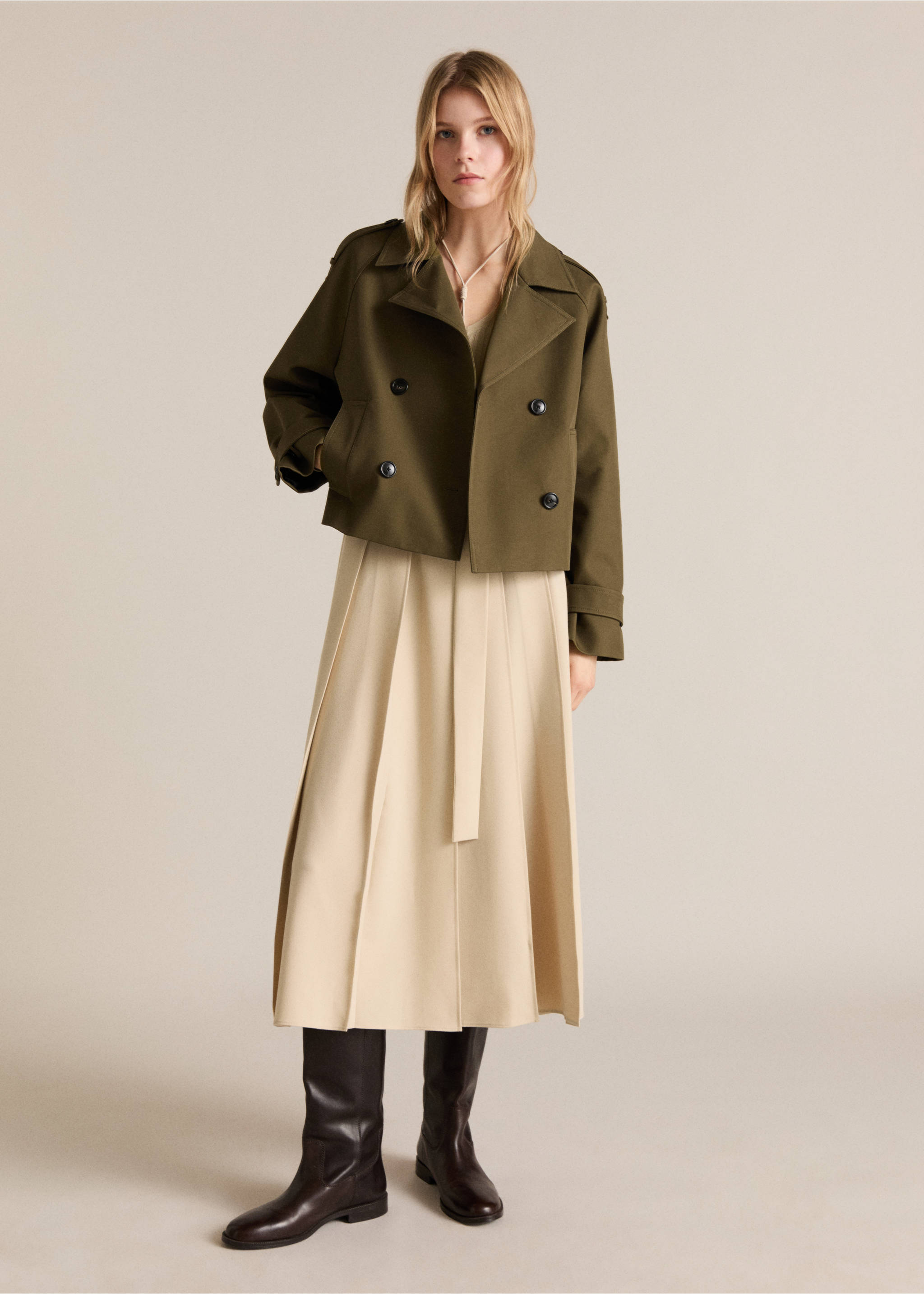 Cotton double-breasted cropped trench coat - General plane, Khaki. Ref: 87074808-00.