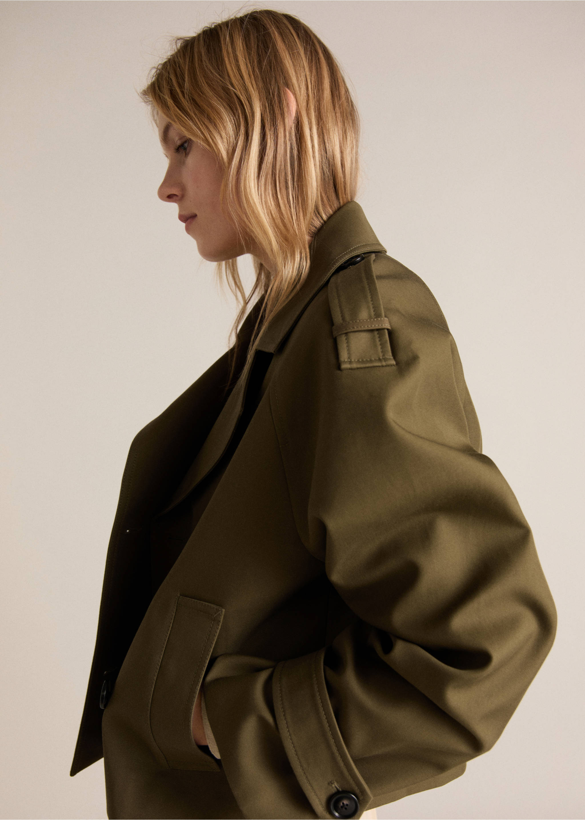 Cotton double-breasted cropped trench coat - Medium plane, Khaki. Ref: 87074808-00.