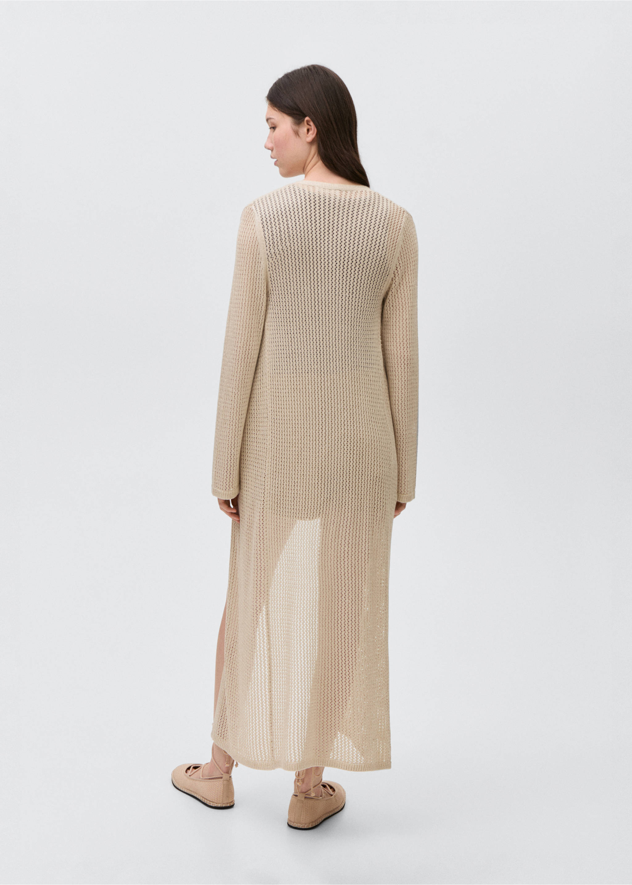 Long knitted cardigan with lace accents - Reverse of the article, Gold. Ref: 87075727-00.