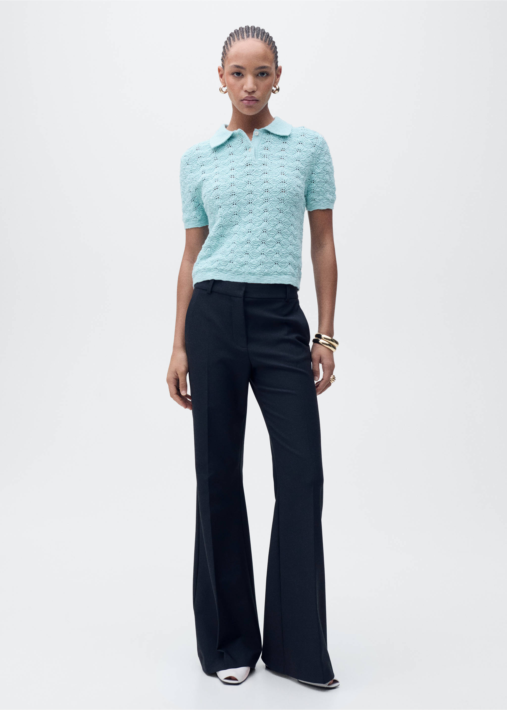 Jersey crochet cuello polo - Plano general, Turquesa. Ref: 87075749-00.