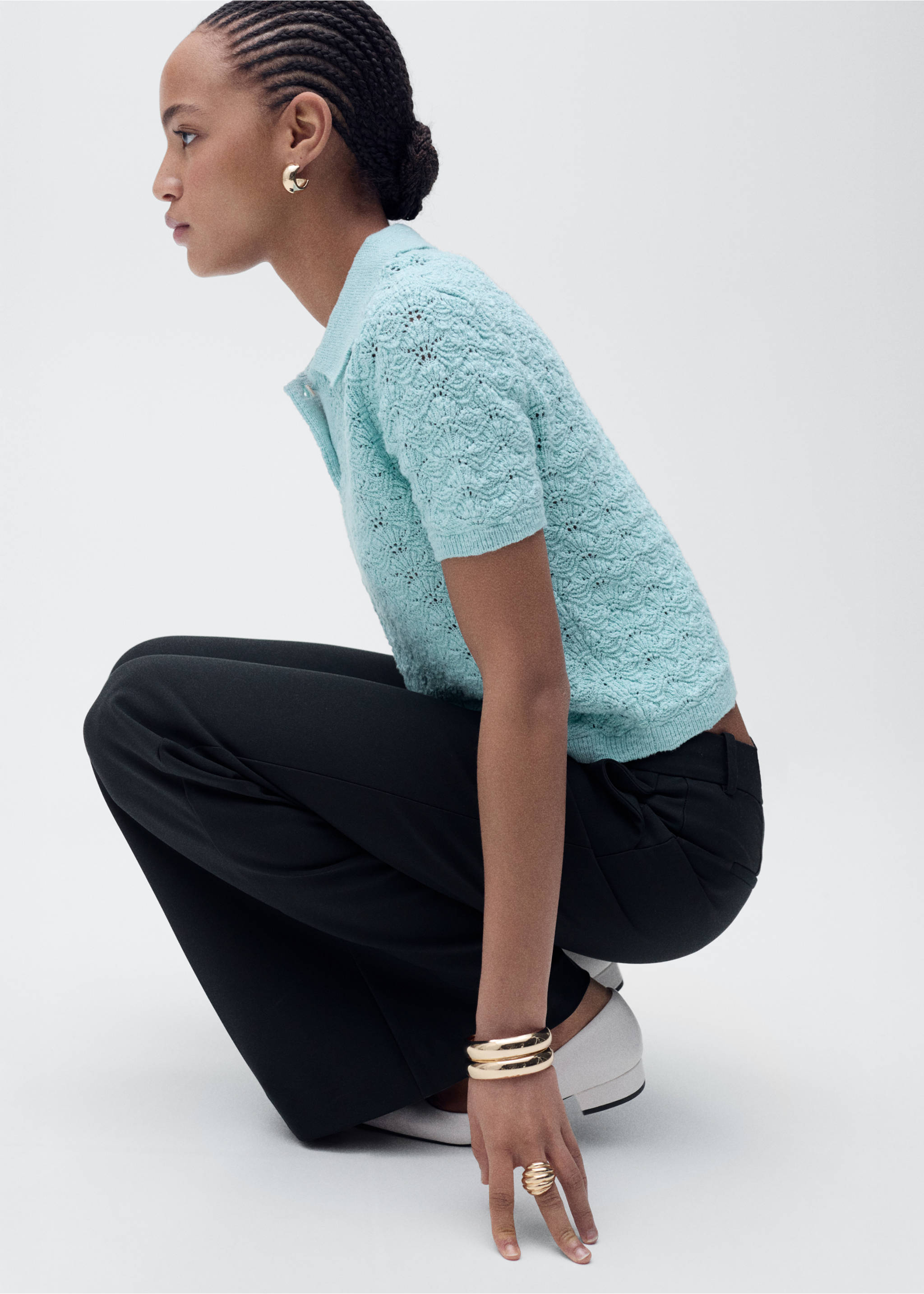 Jersey crochet cuello polo - Plano medio, Turquesa. Ref: 87075749-00.