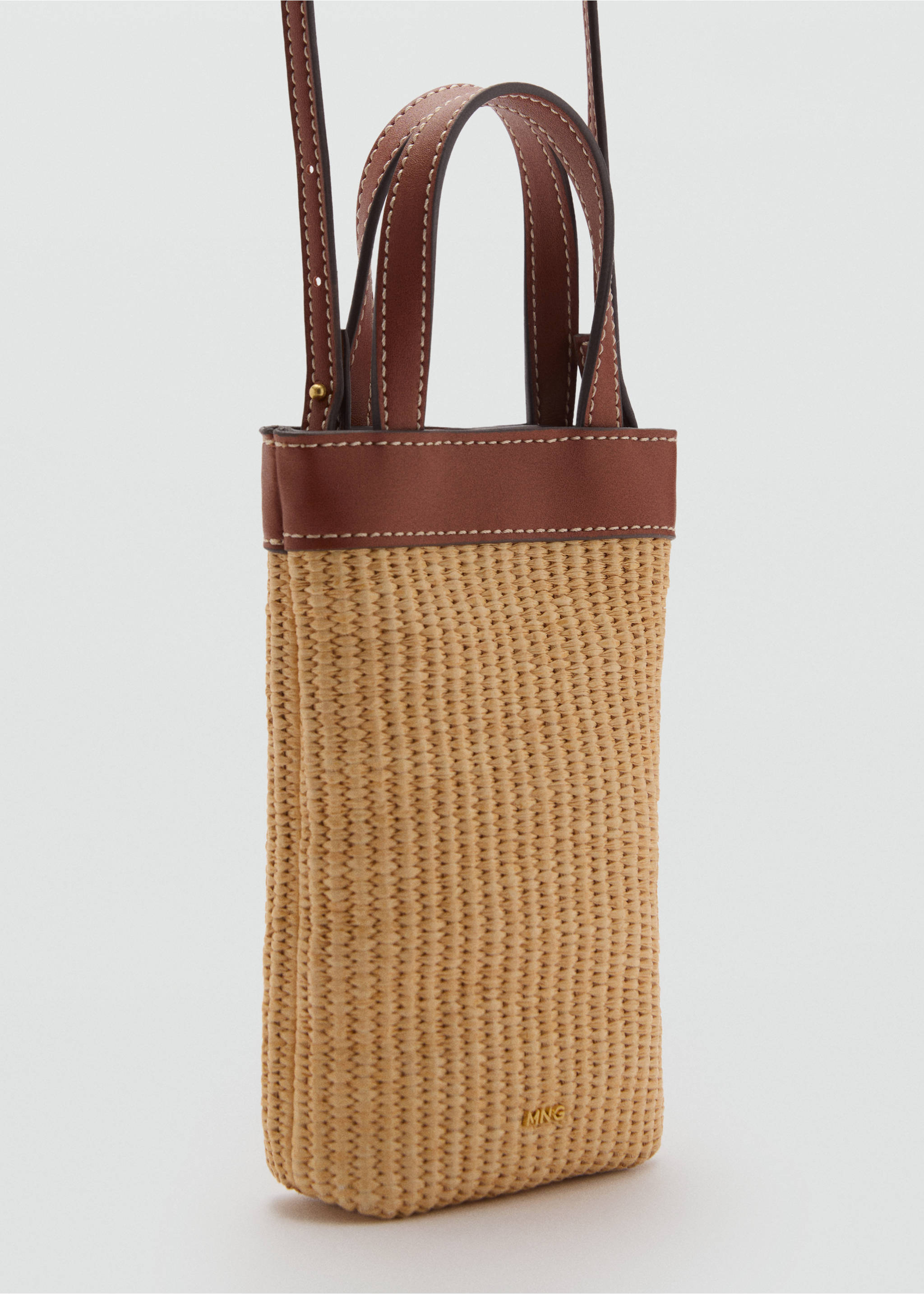Raffia-effect crossbody mobile case - Medium plane, Leather. Ref: 87075750-00.