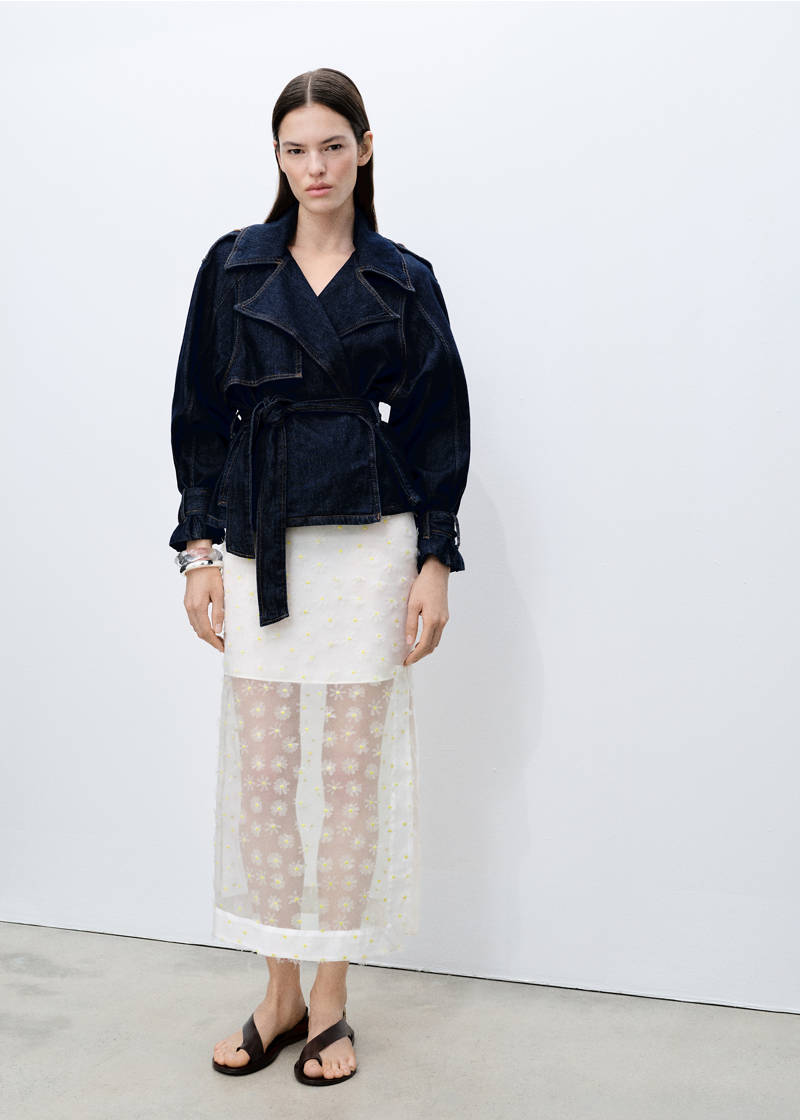 Semi-transparent floral-embroidered skirt - Off White