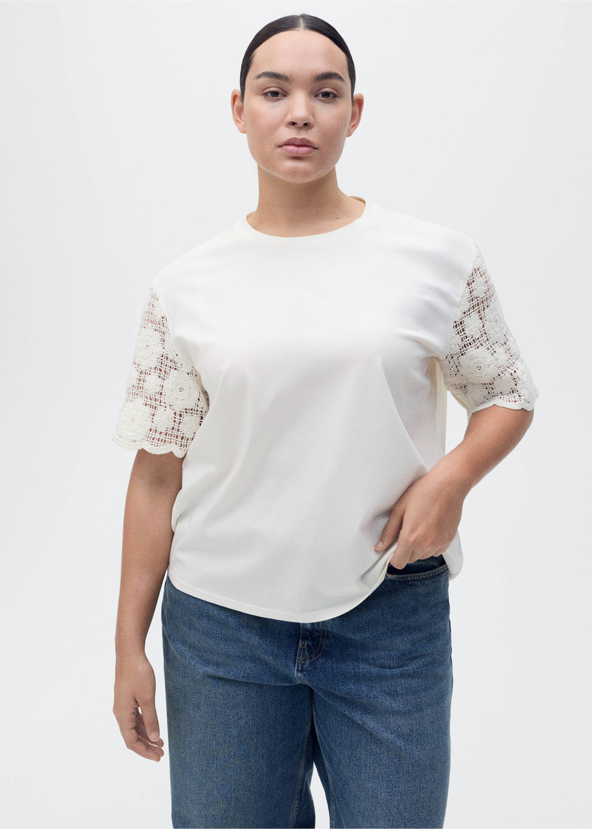 Crochet sleeve cotton t-shirt - Details of the article 5, White. Ref: 87075754-00.