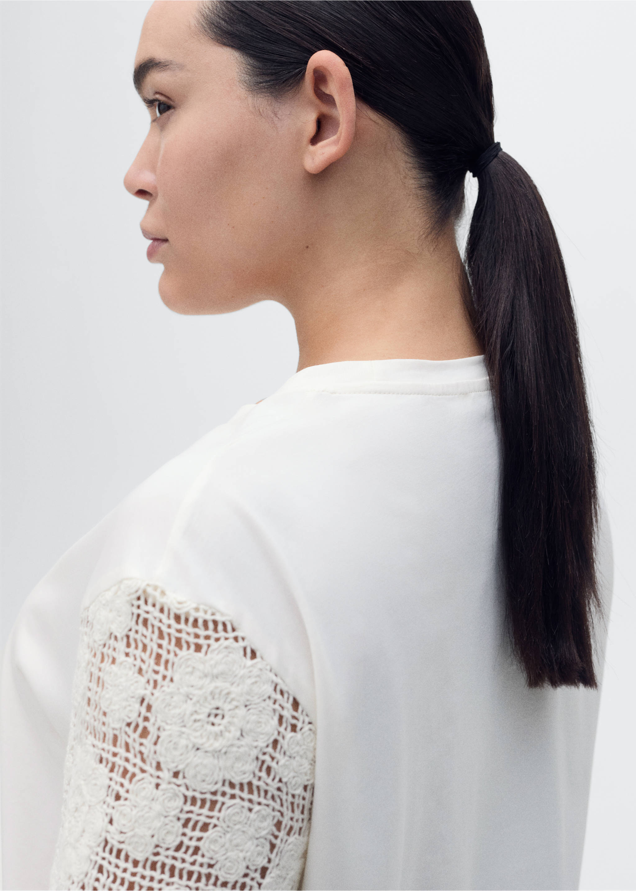 Crochet sleeve cotton t-shirt - Details of the article 4, White. Ref: 87075754-00.