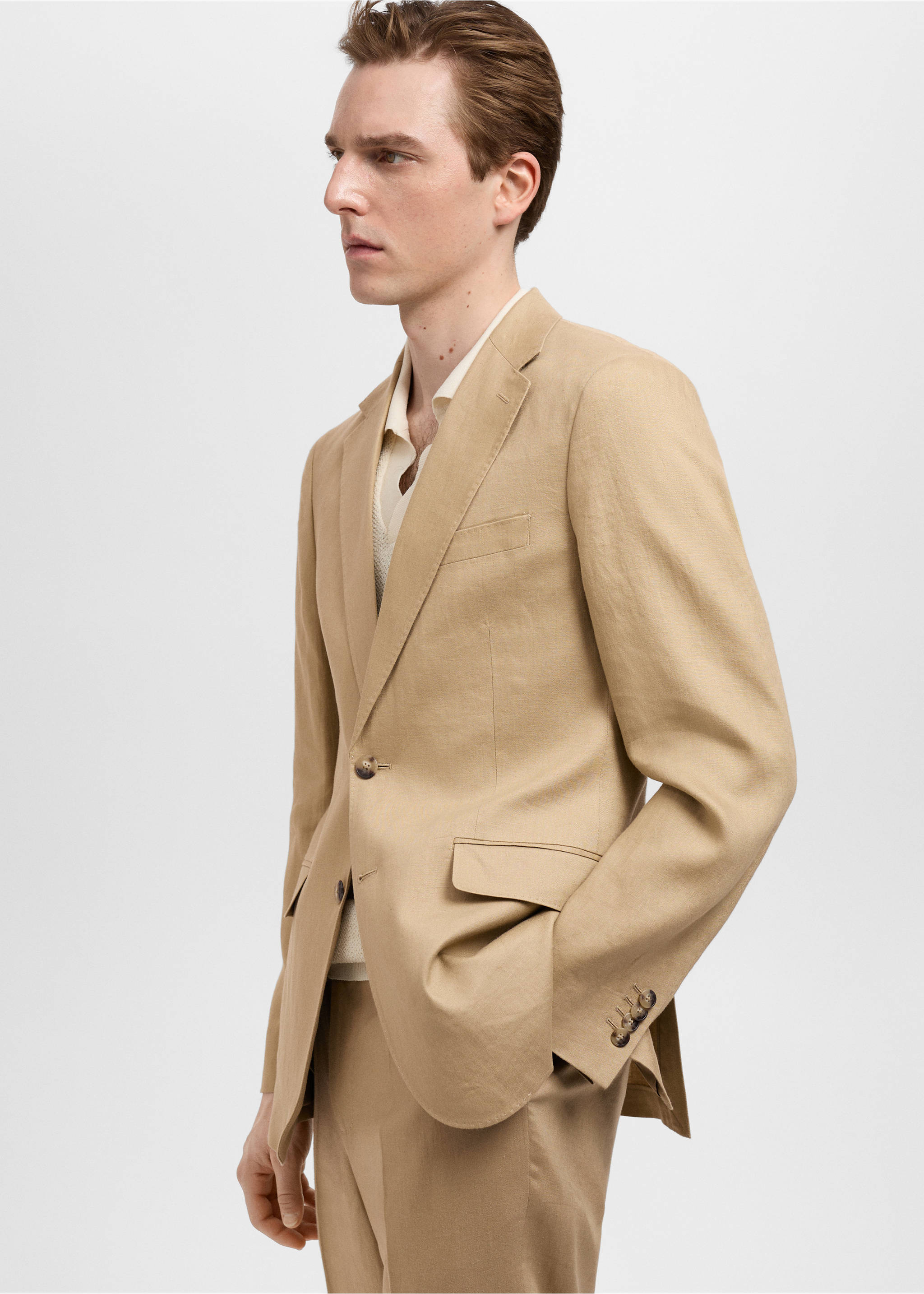 Amalfi 100% linen slim-fit suit jacket - Details of the article 2, Beige. Ref: 87075920-00.