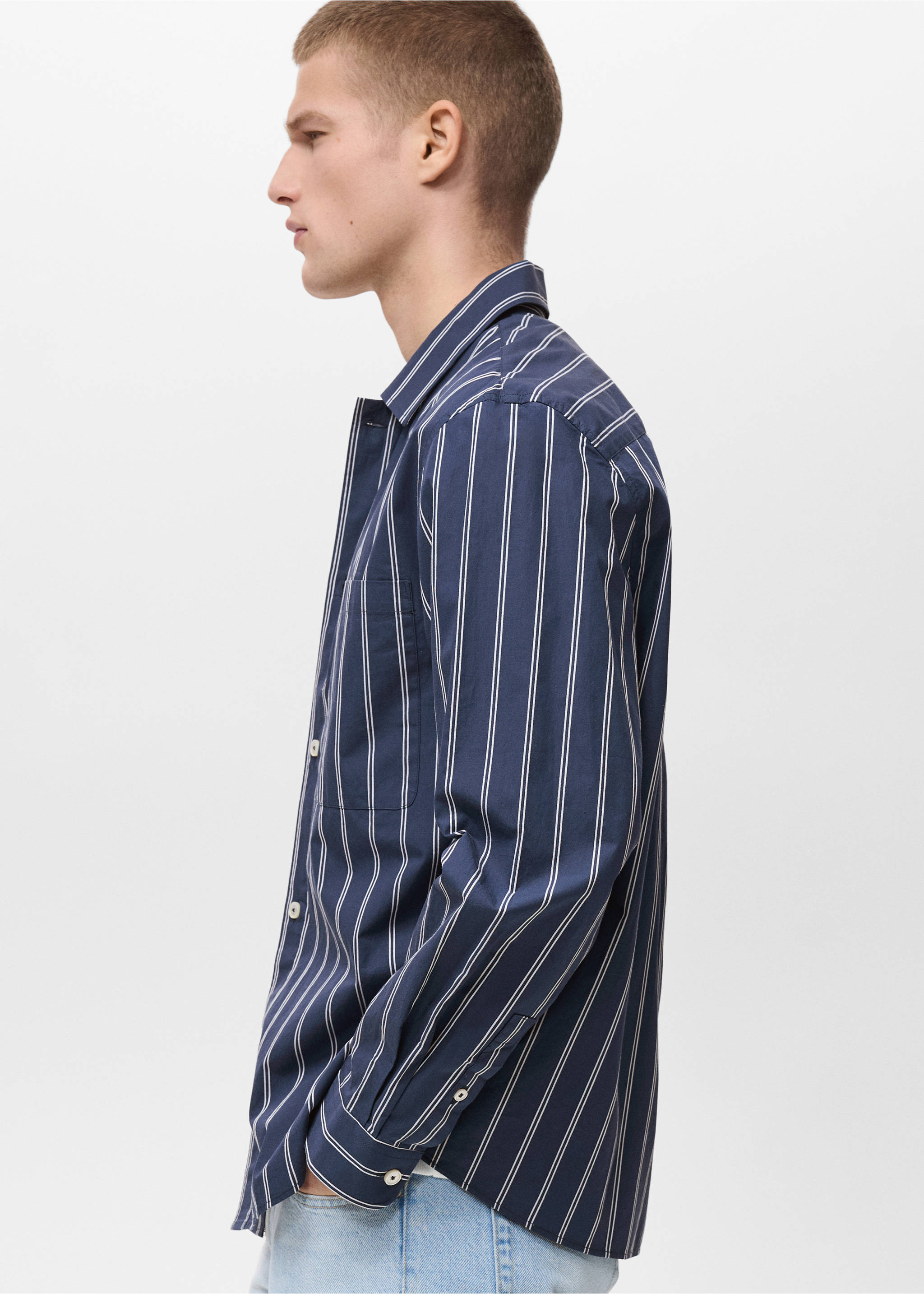 Regular-fit striped 100% cotton shirt - Details of the article 2, Dark Navy. Ref: 87075990-00.