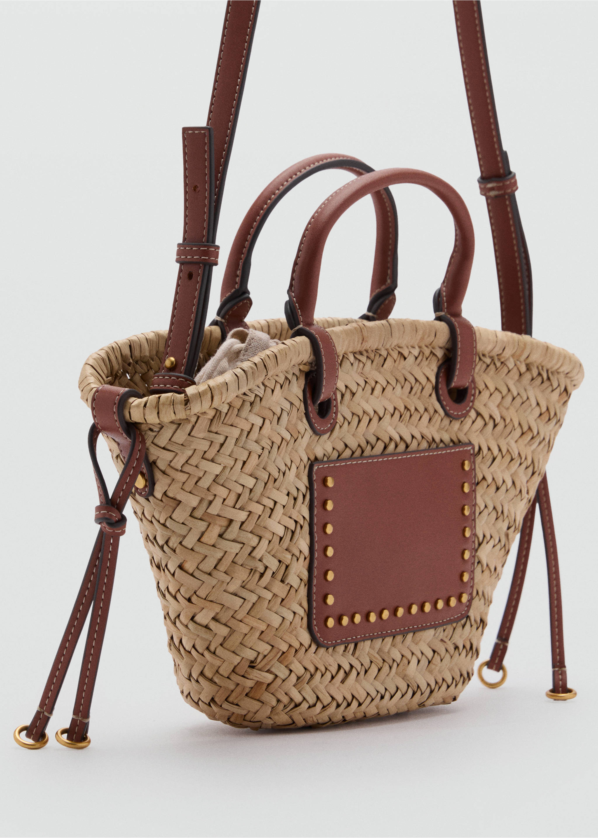 Small double-handle natural fiber basket - Medium plane, Leather. Ref: 87076334-00.