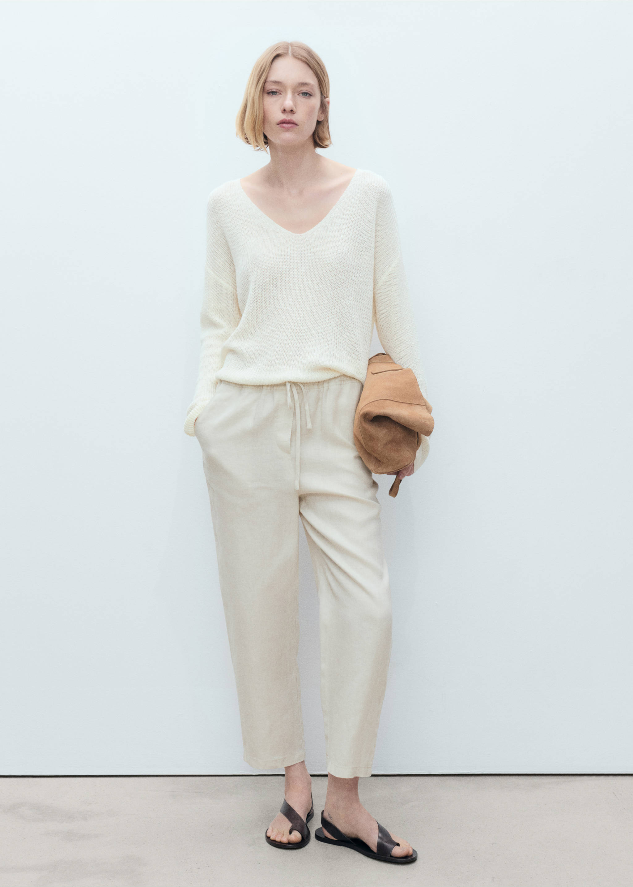 Straight linen-blend trousers - General plane, Light/Pastel Grey. Ref: 87076341-00.