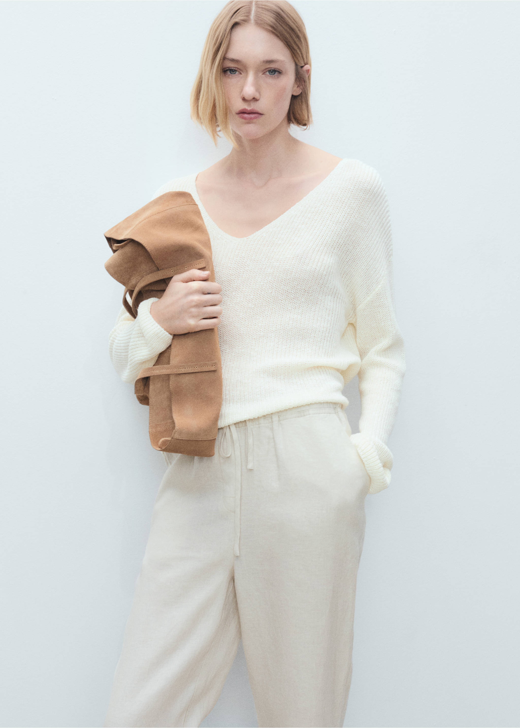 Straight linen-blend trousers - Details of the article 1, Light/Pastel Grey. Ref: 87076341-00.
