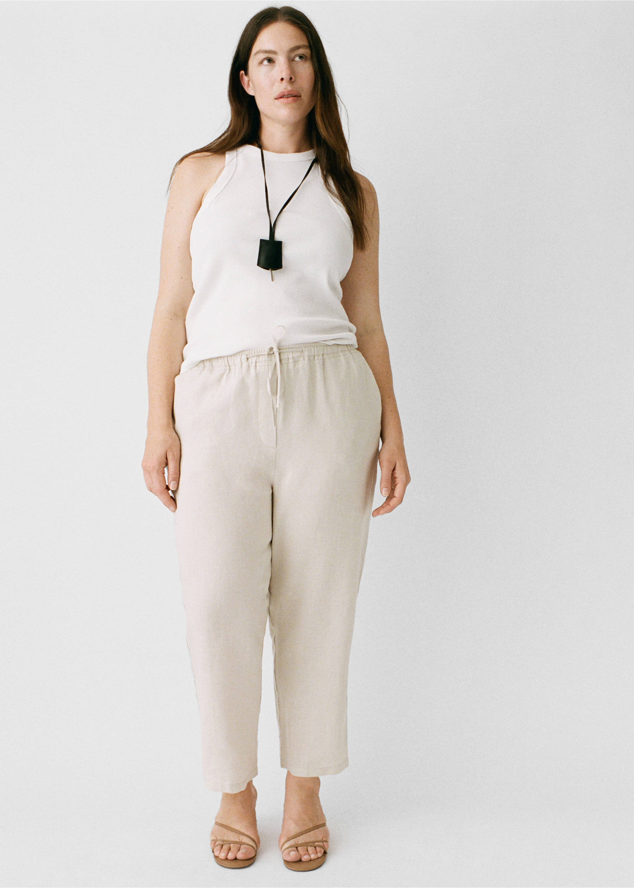 Straight linen-blend trousers - Details of the article 7, Light/Pastel Grey. Ref: 87076341-00.