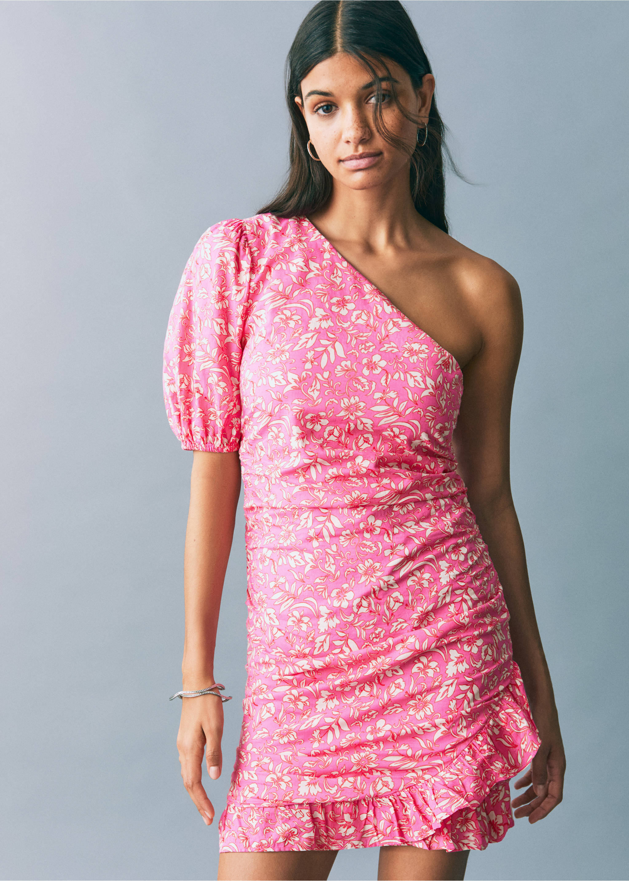 Vestit asimètric drapejat - Pla mig, Rosa. Ref: 87076356-00.