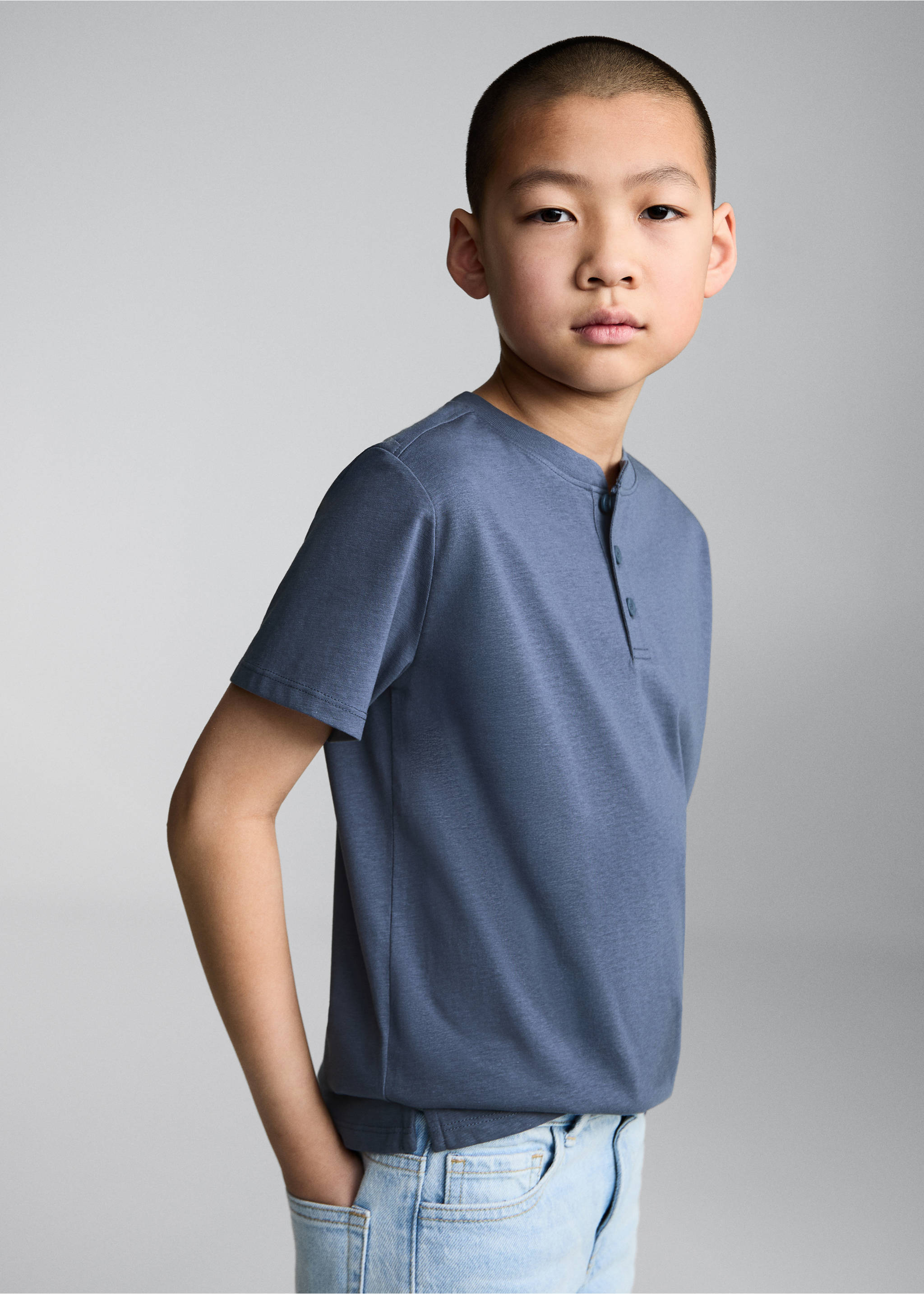 Buttoned cotton T-shirt - Medium plane, Blue. Ref: 87076717-00.