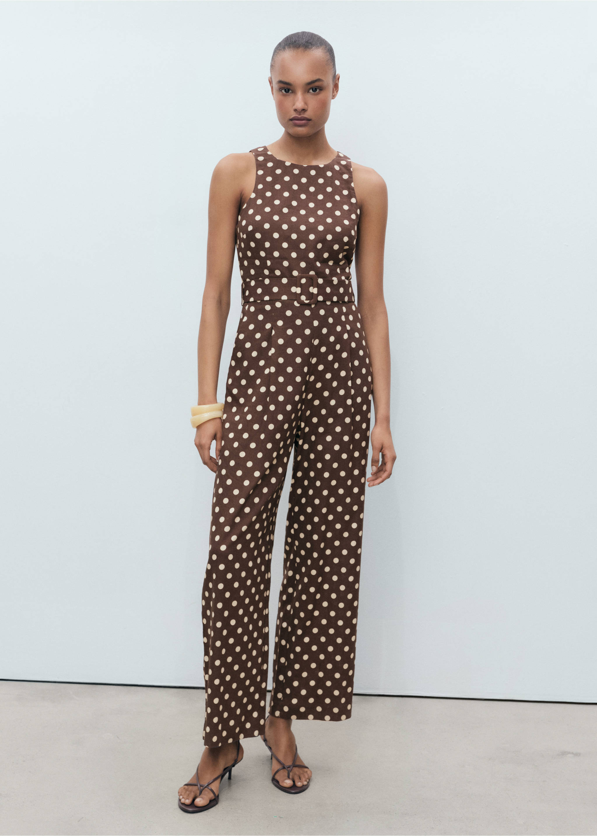 Linen jumpsuit with polka-dots and belt - General plane, Chocolate. Ref: 87077161-00.