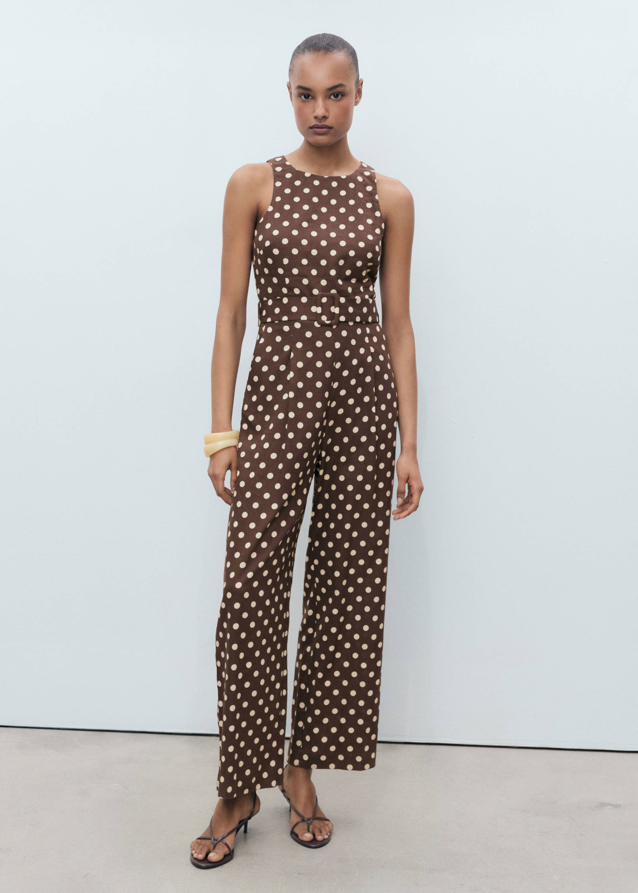 Linen jumpsuit with polka-dots and belt - General plane