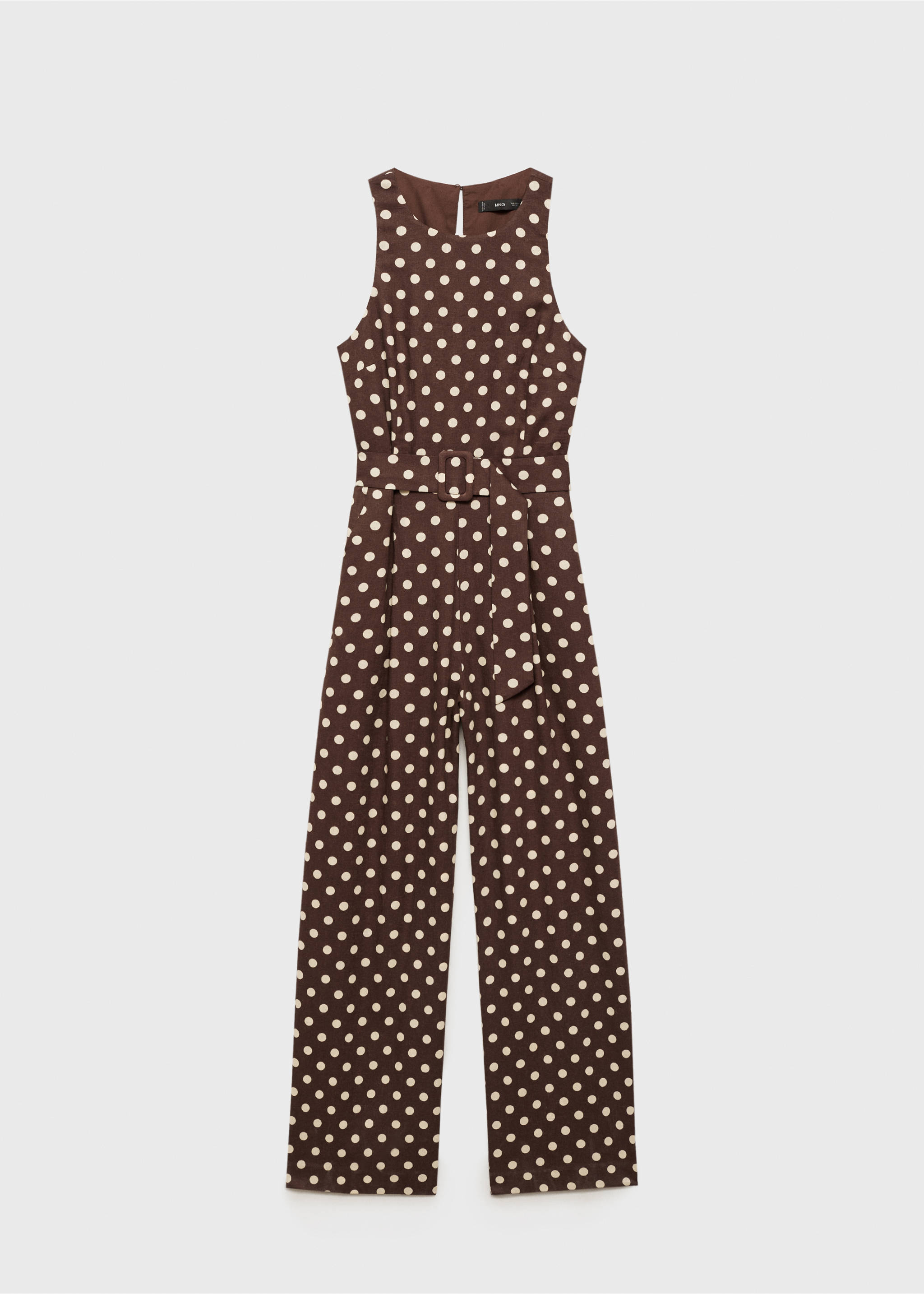 Linen jumpsuit with polka-dots and belt - Article without model, Chocolate. Ref: 87077161-00.