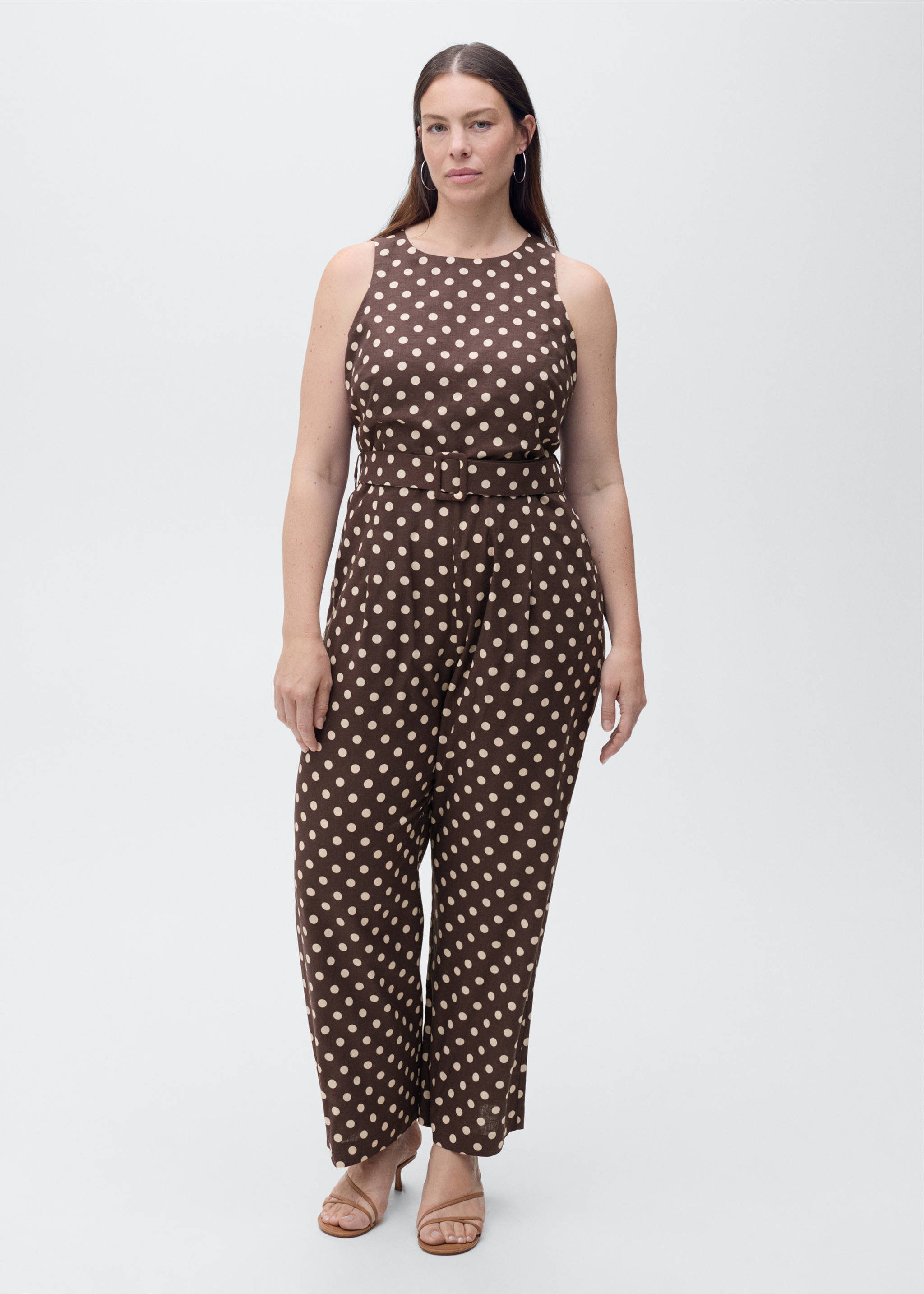 Linen jumpsuit with polka-dots and belt - Details of the article 3, Chocolate. Ref: 87077161-00.