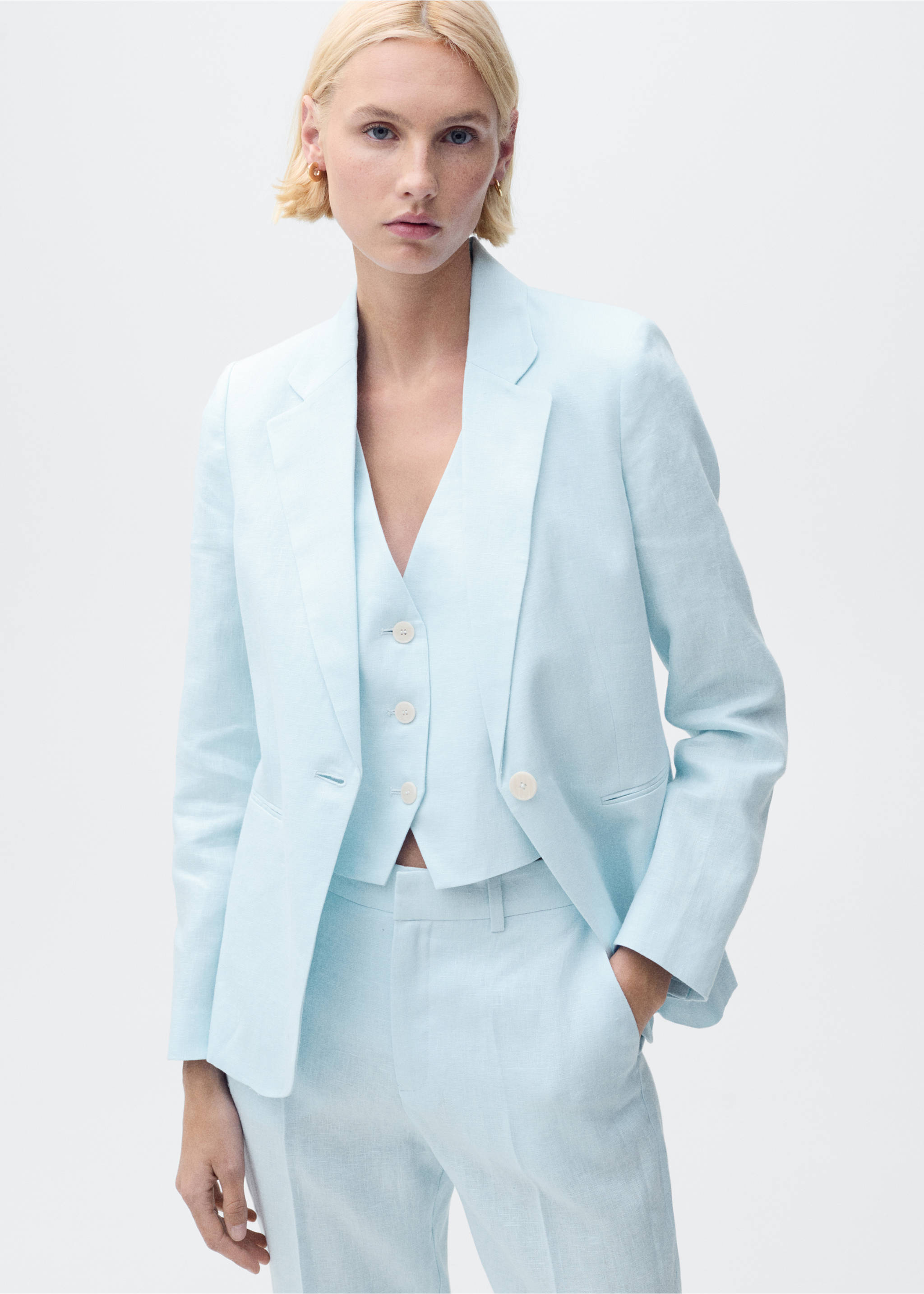 Blazer traje lino - Plano medio, Azul celeste. Ref: 87077162-00.