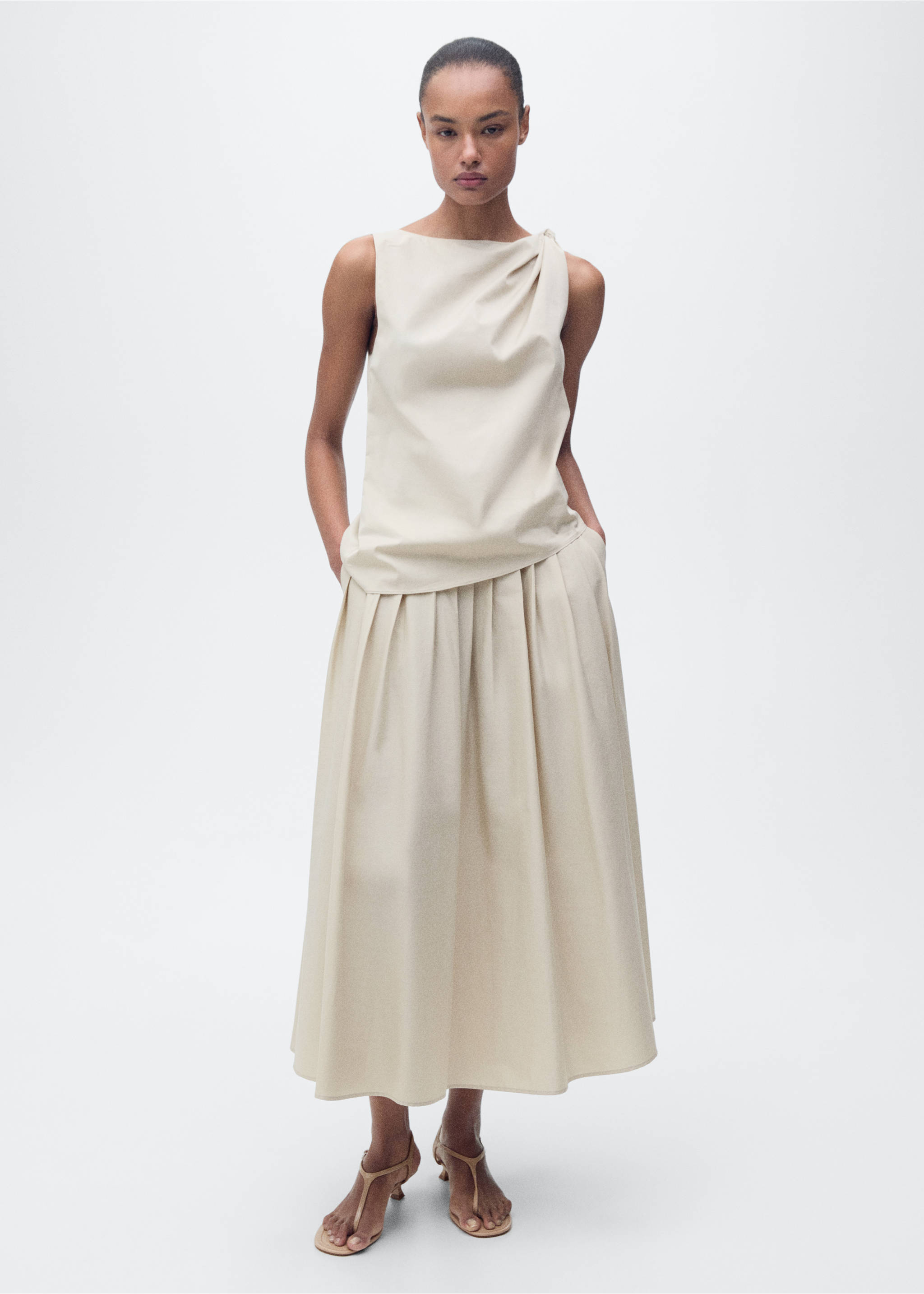 Knotted-hem cotton top - General plane, Ivory White. Ref: 87077168-00.