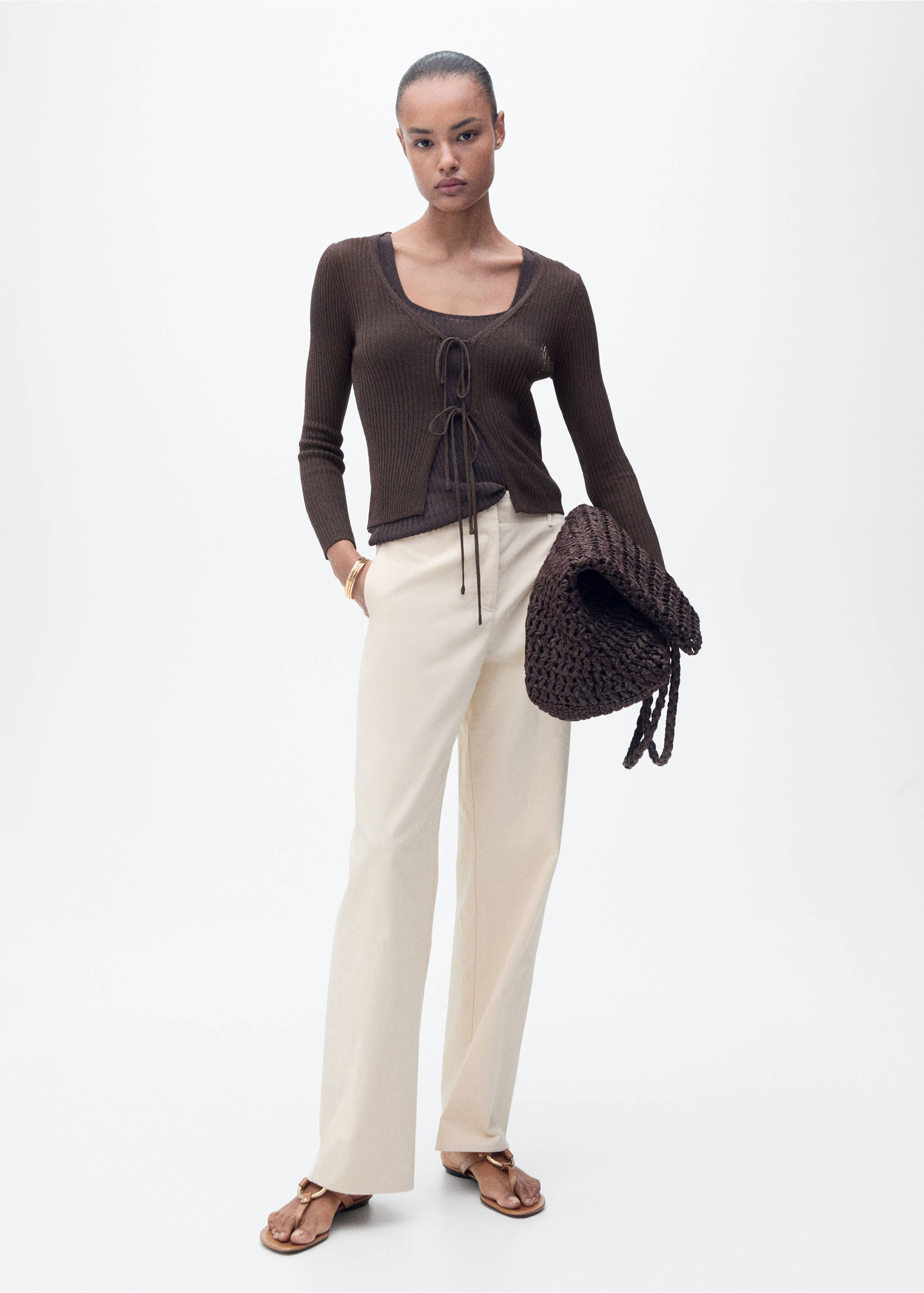 Rib-knit cardigan with bows - General plane, Chocolate. Ref: 87077171-00.