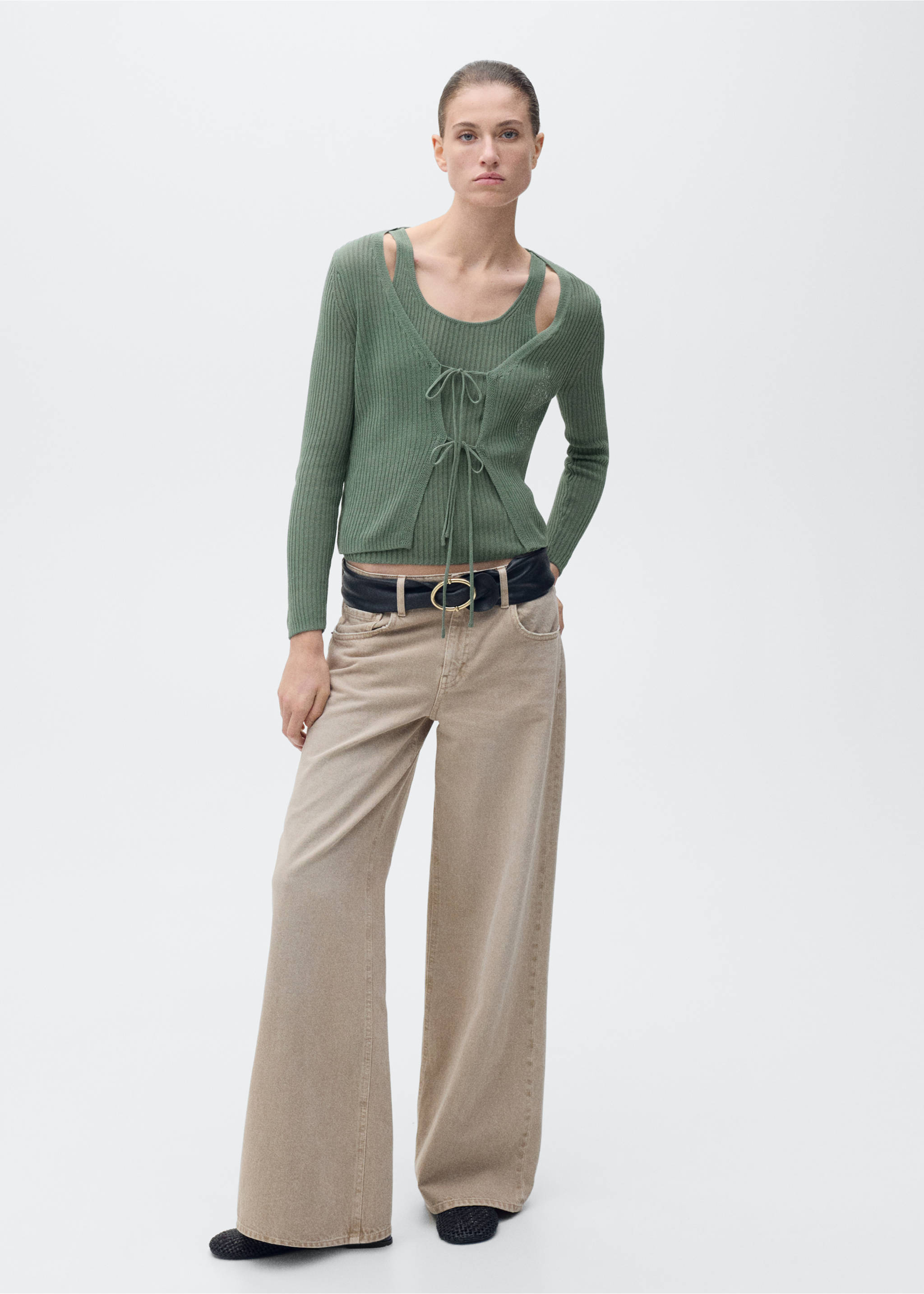Rib-knit cardigan with bows - General plane, Green. Ref: 87077171-00.