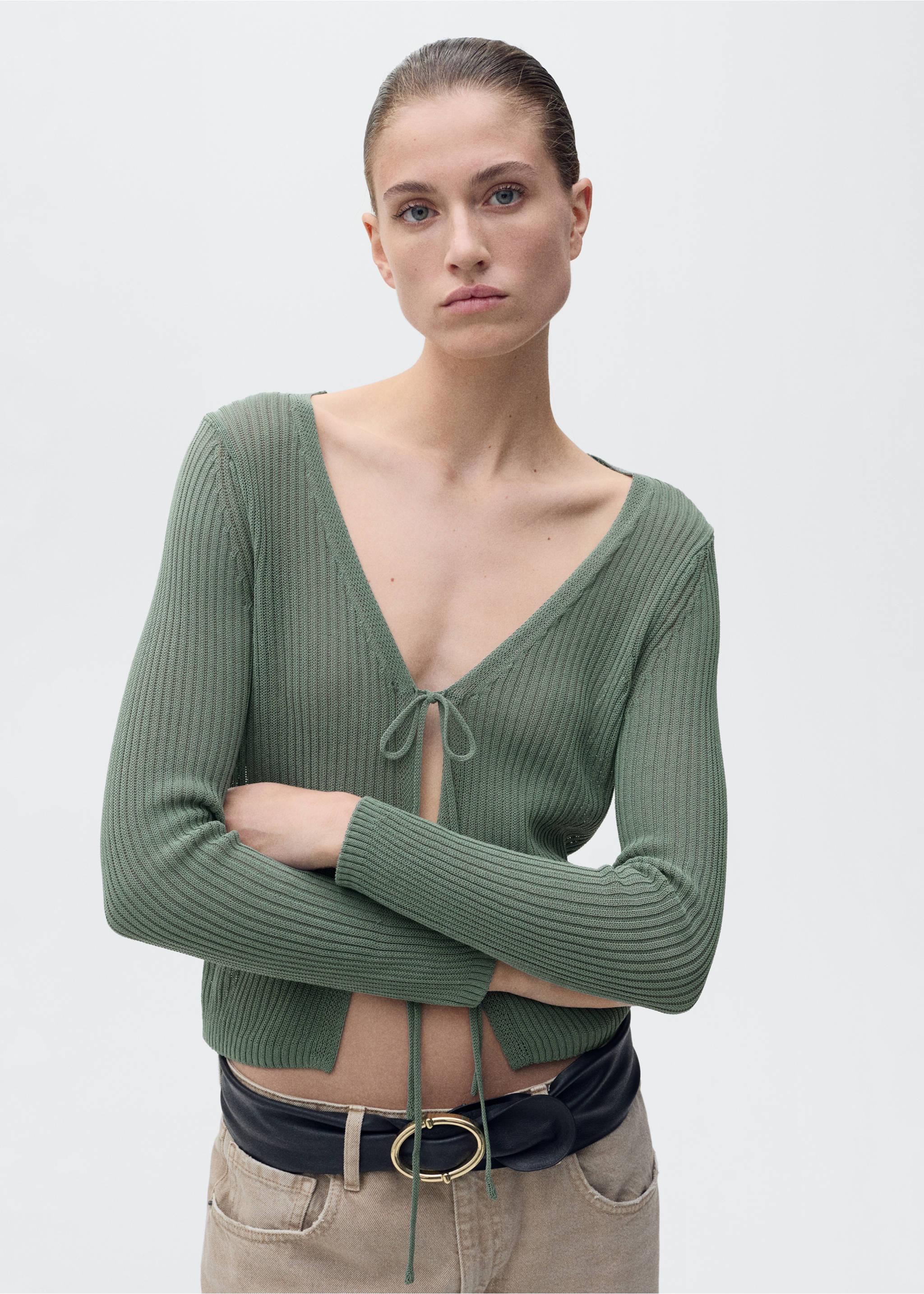 Rib-knit cardigan with bows - Details of the article 1, Green. Ref: 87077171-00.