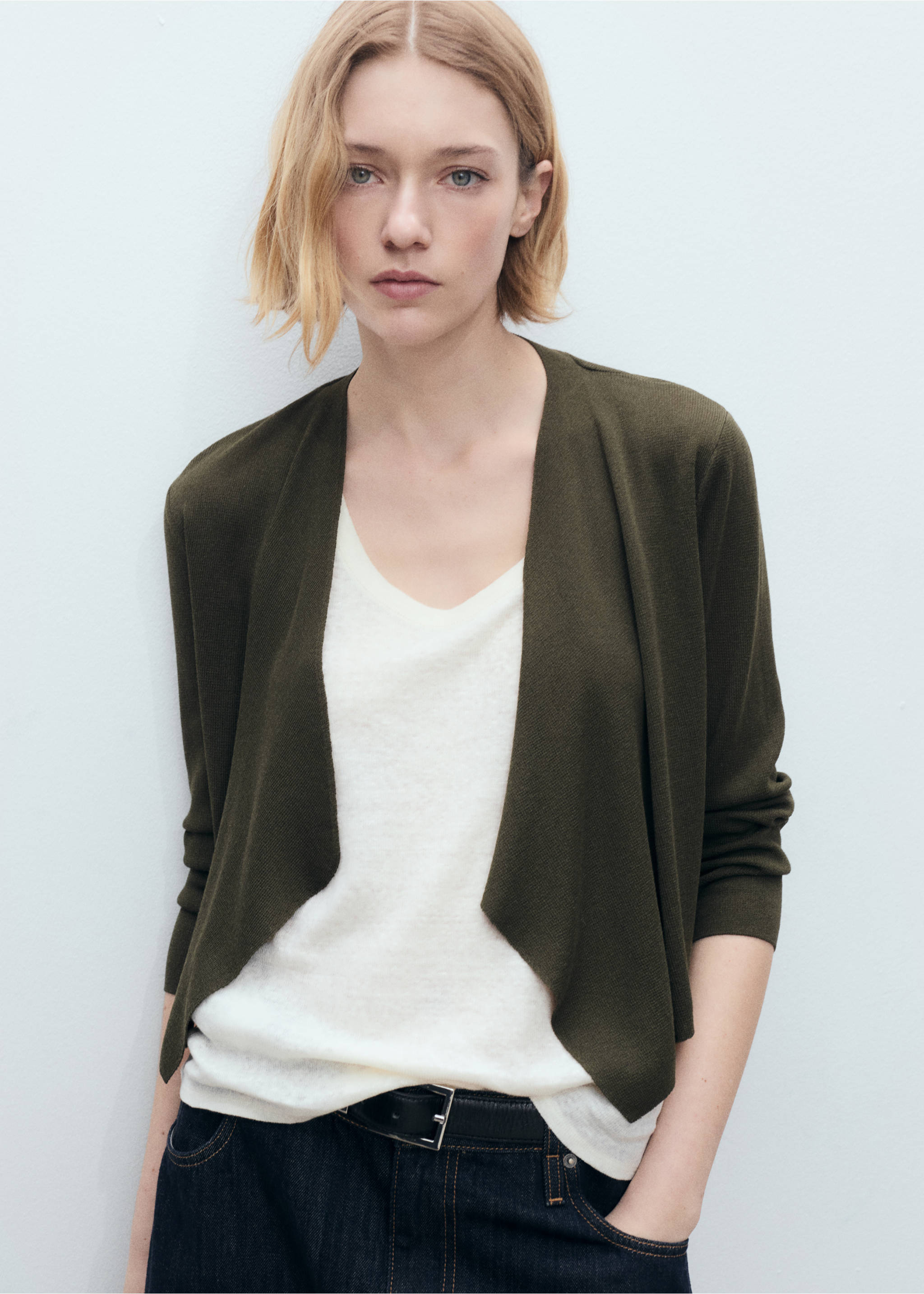 Knitted cropped cardigan - Medium plane, Dark Green. Ref: 87077174-00.