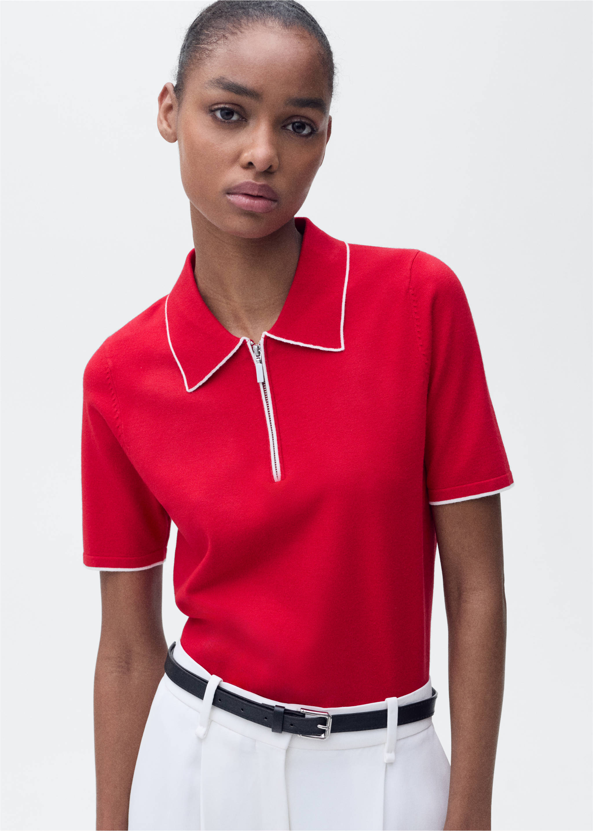 Polo-neck sweater with contrasting trims - Medium plane, Red. Ref: 87077176-00.