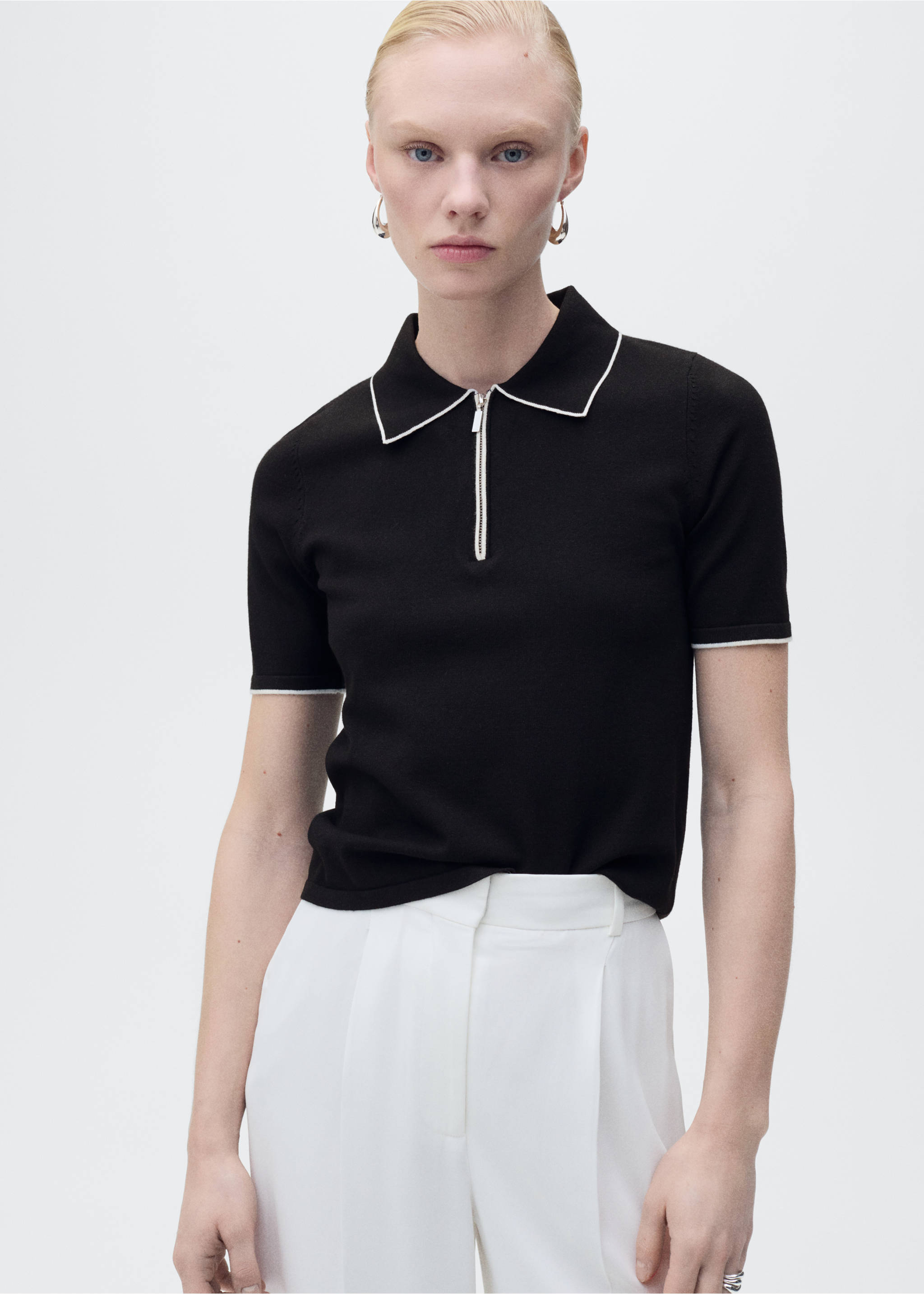 Polo-neck sweater with contrasting trims - Medium plane, Black. Ref: 87077176-00.