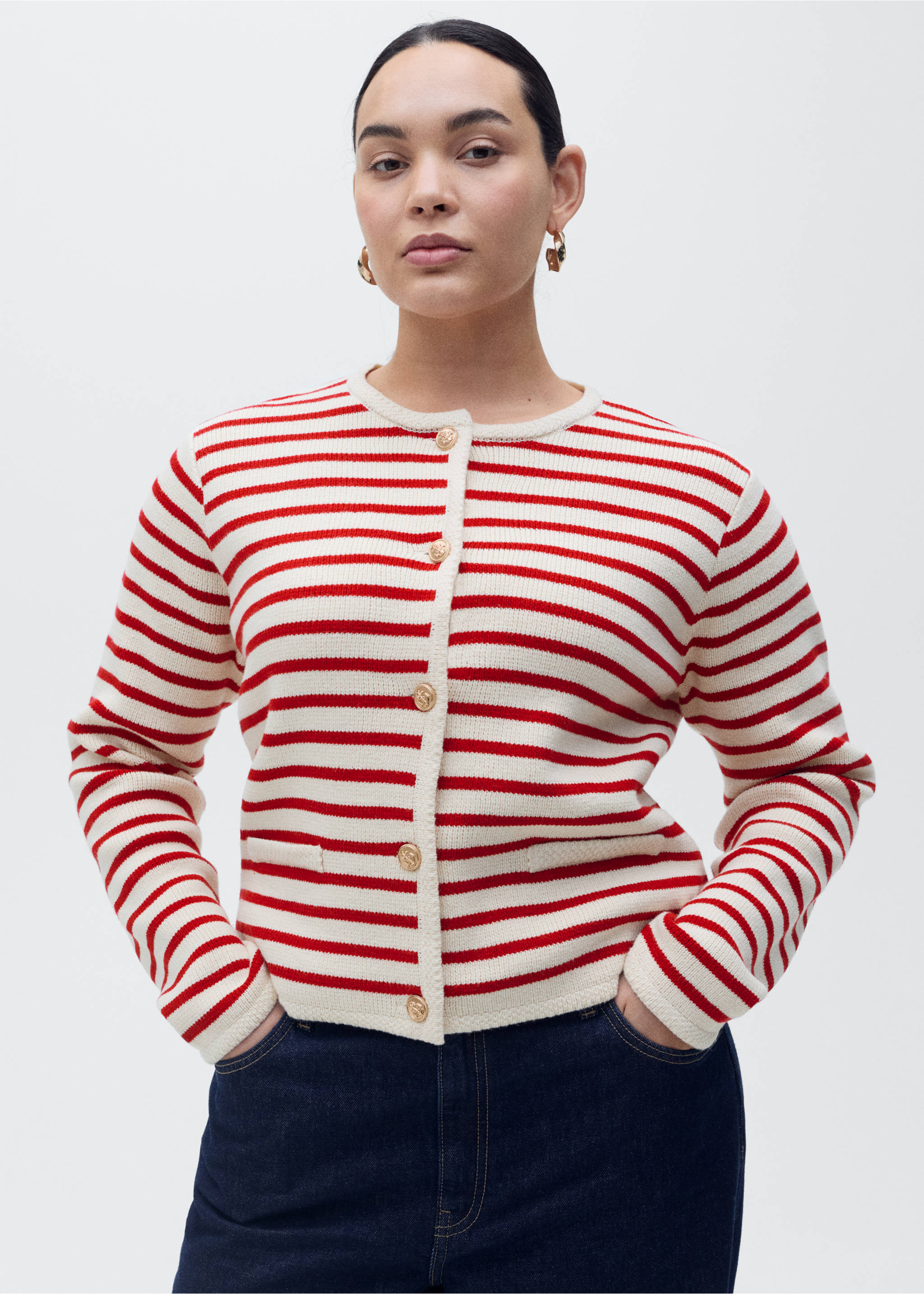 Stripped knit cardigan - Details of the article 5, Red. Ref: 87077179-00.