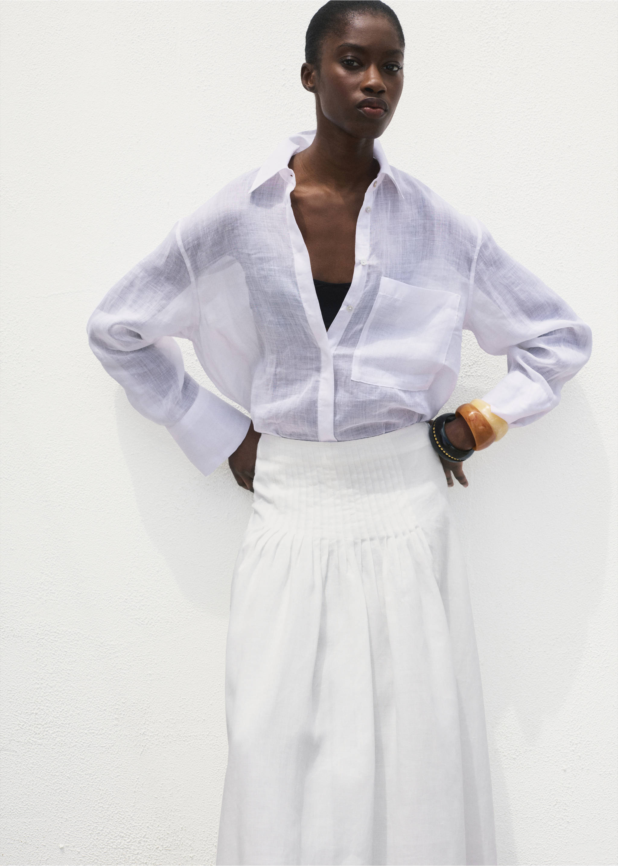 Ramie pleated skirt - Medium plane, White. Ref: 87077187-00.