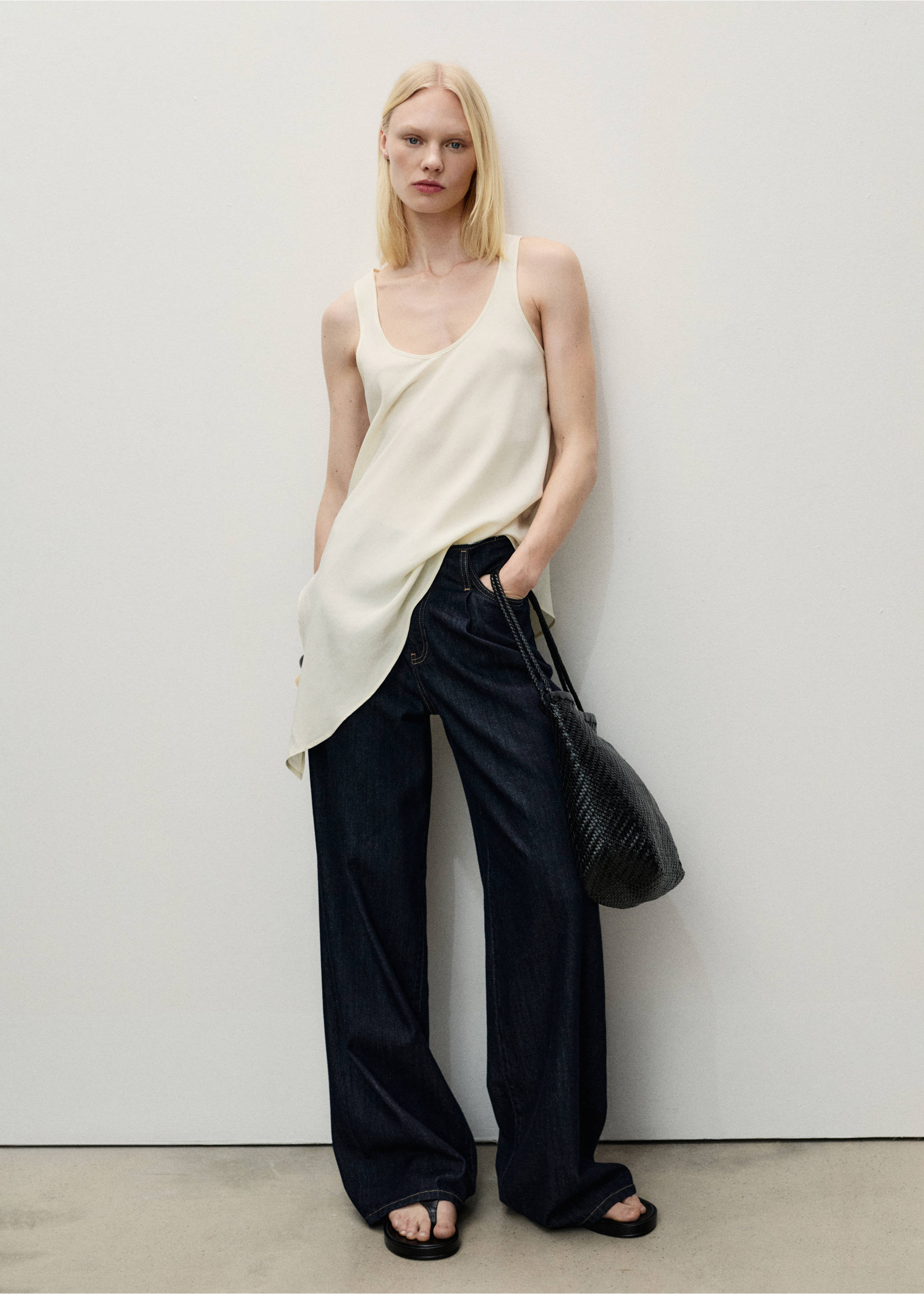 Wide leg denim pants with frayed waist - General plane, Open Blue. Ref: 87077191-00.