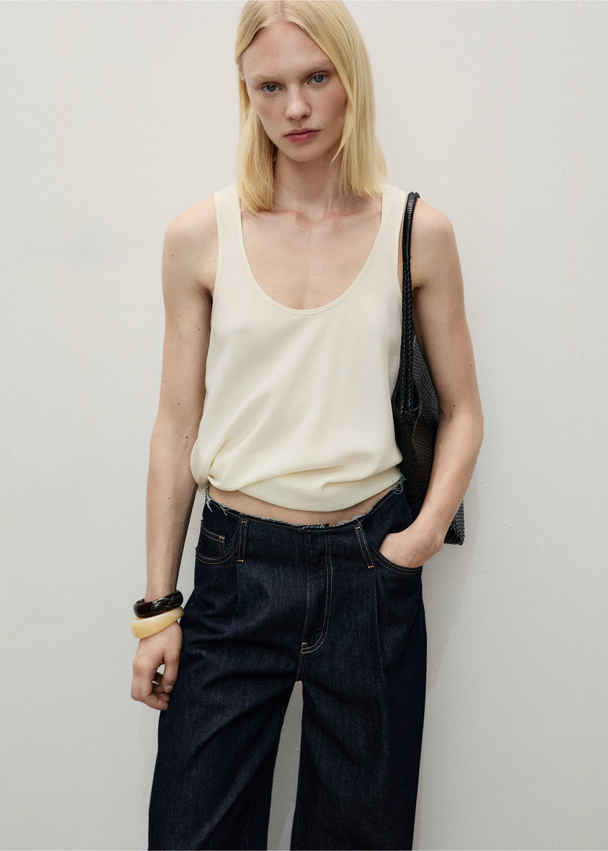 Wide leg denim pants with frayed waist - Details of the article 1, Open Blue. Ref: 87077191-00.