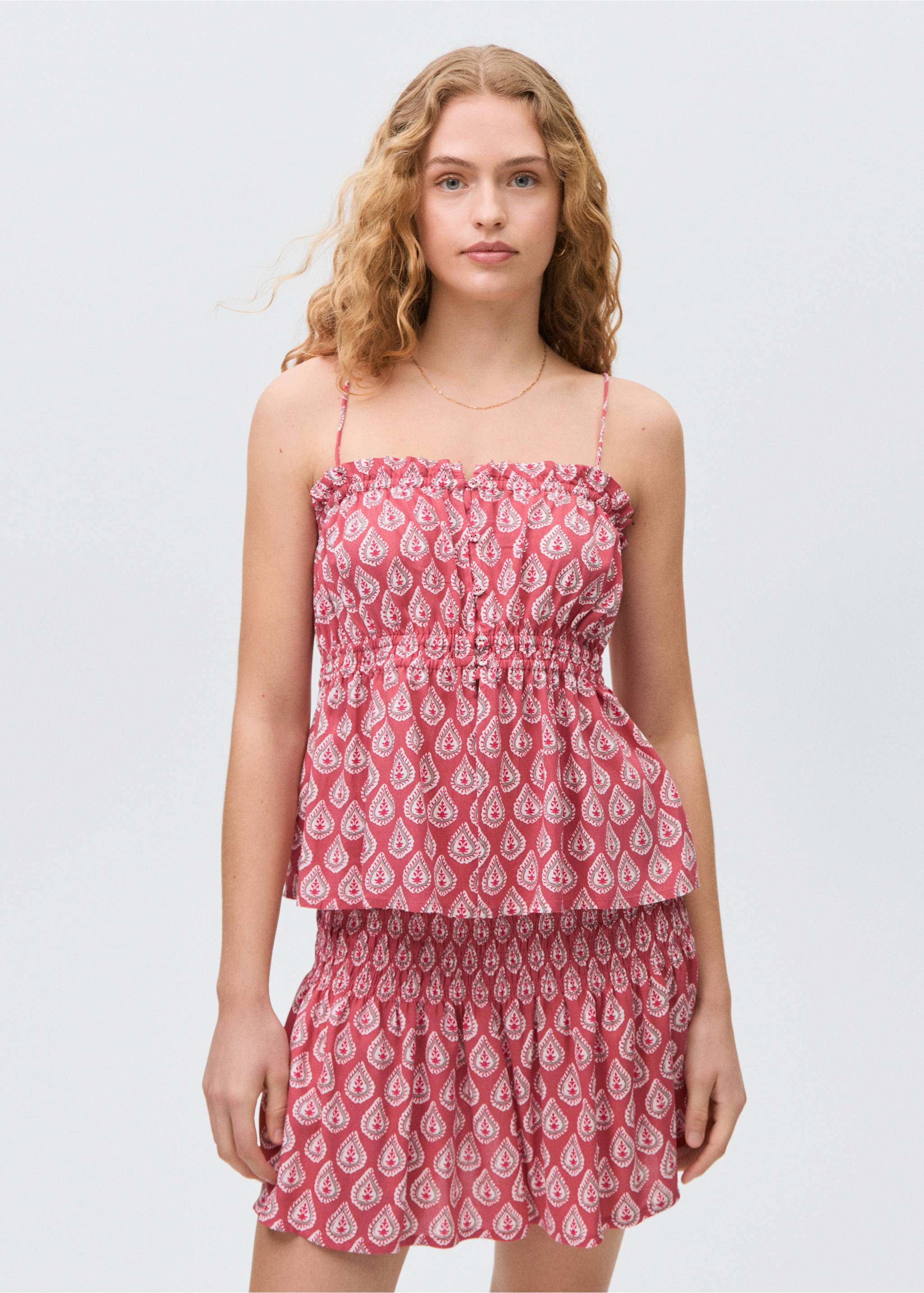 Falda estampada fruncida - Plano medio, Fresa. Ref: 87077682-00.
