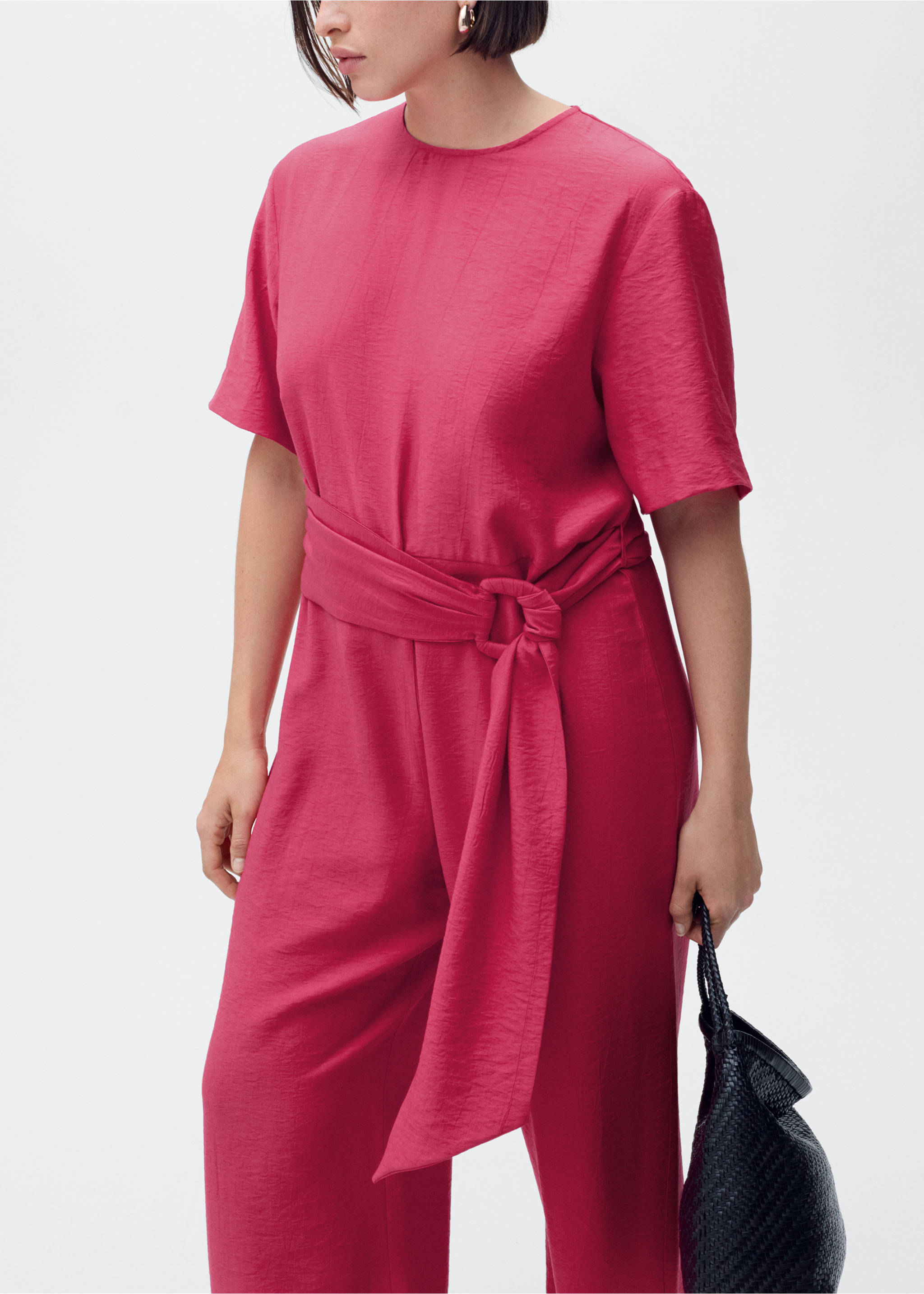 Rett jumpsuit med korte ermer og belte - Artikkeldetalj 5, Fuchsia. Ref: 87077907-00.