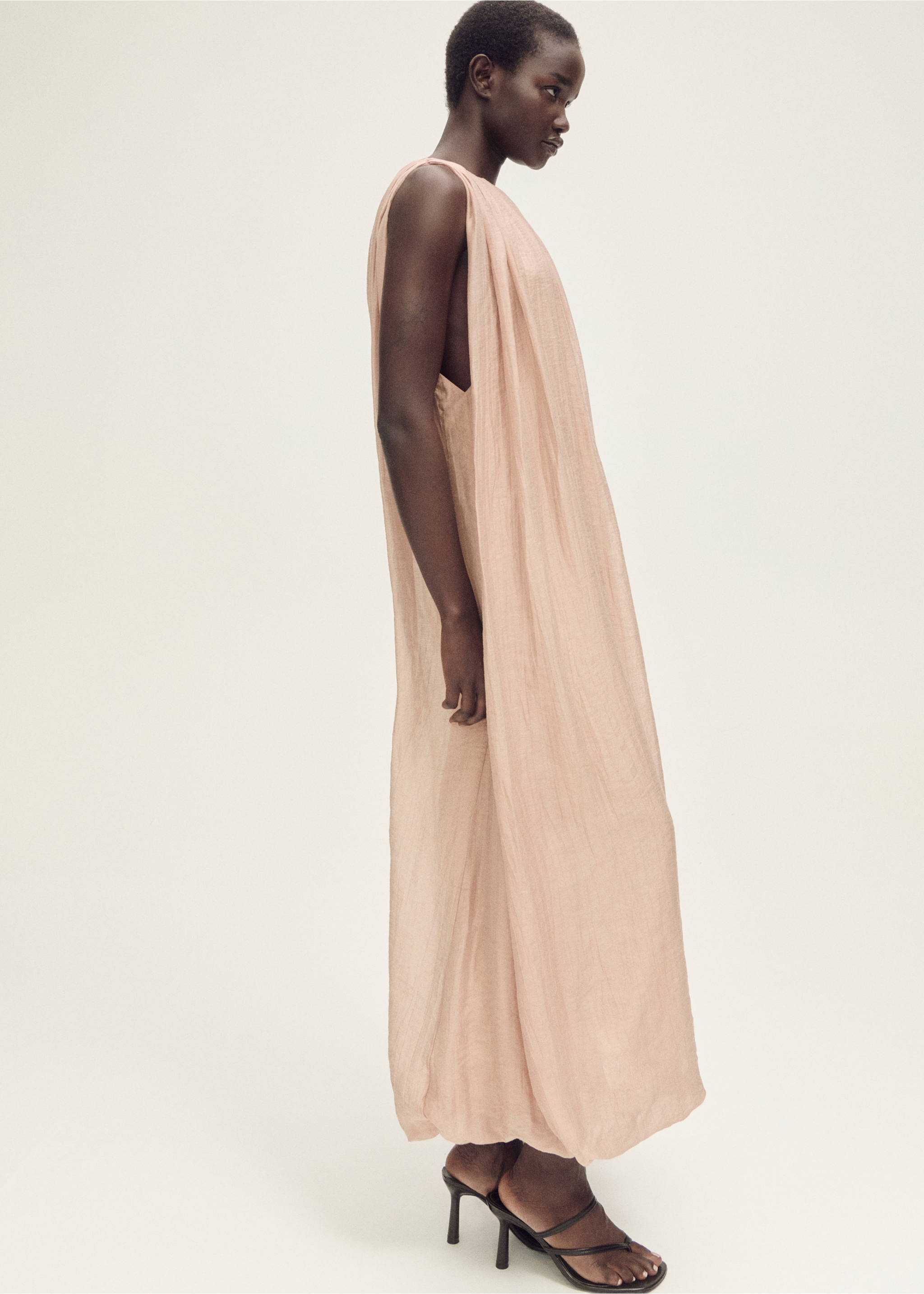 Gathered dress with puffed hem - Details of the article 6, Beige. Ref: 87078274-00.