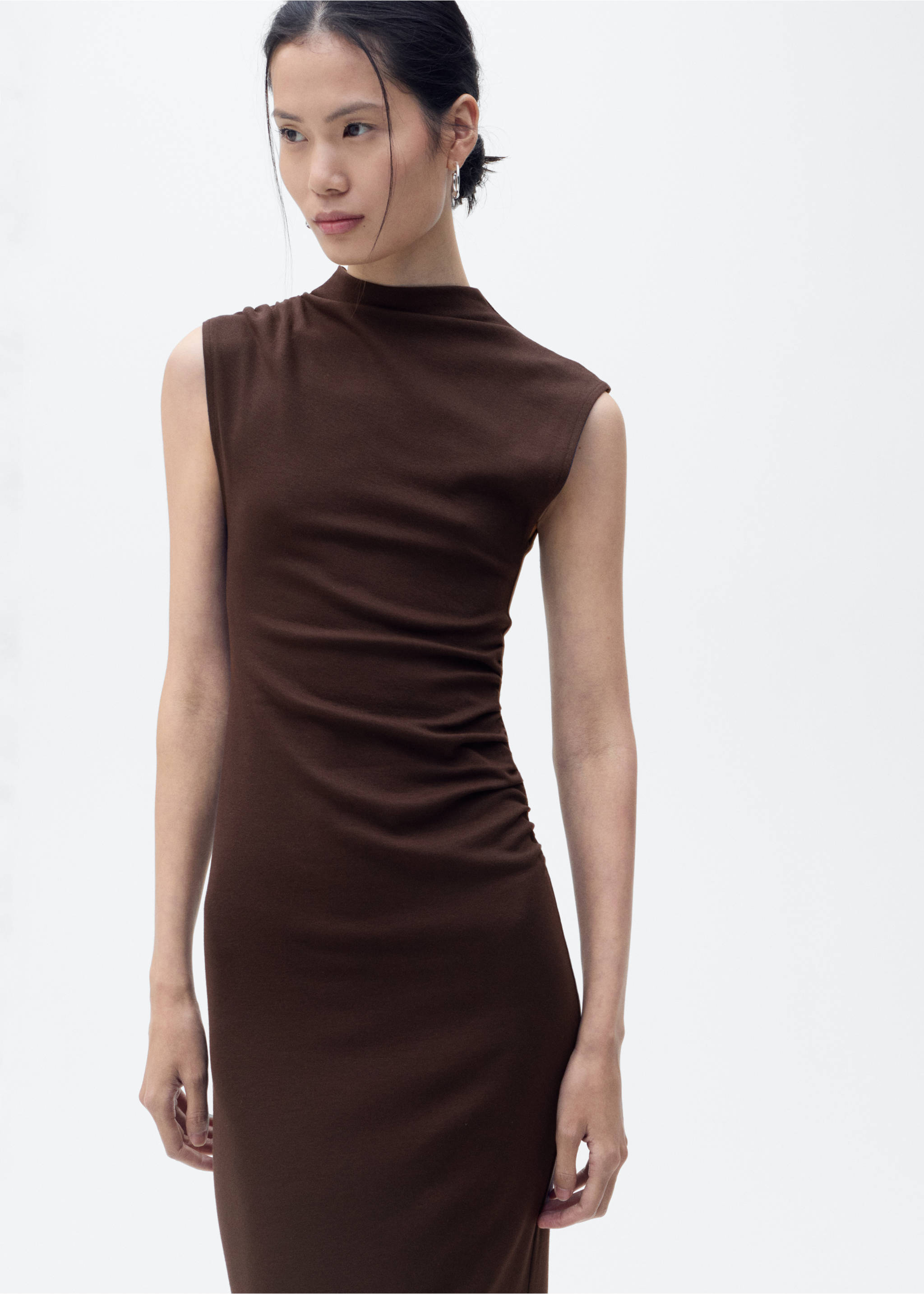 Draped dress with perkins collar - Medium plane, Brown. Ref: 87078650-00.