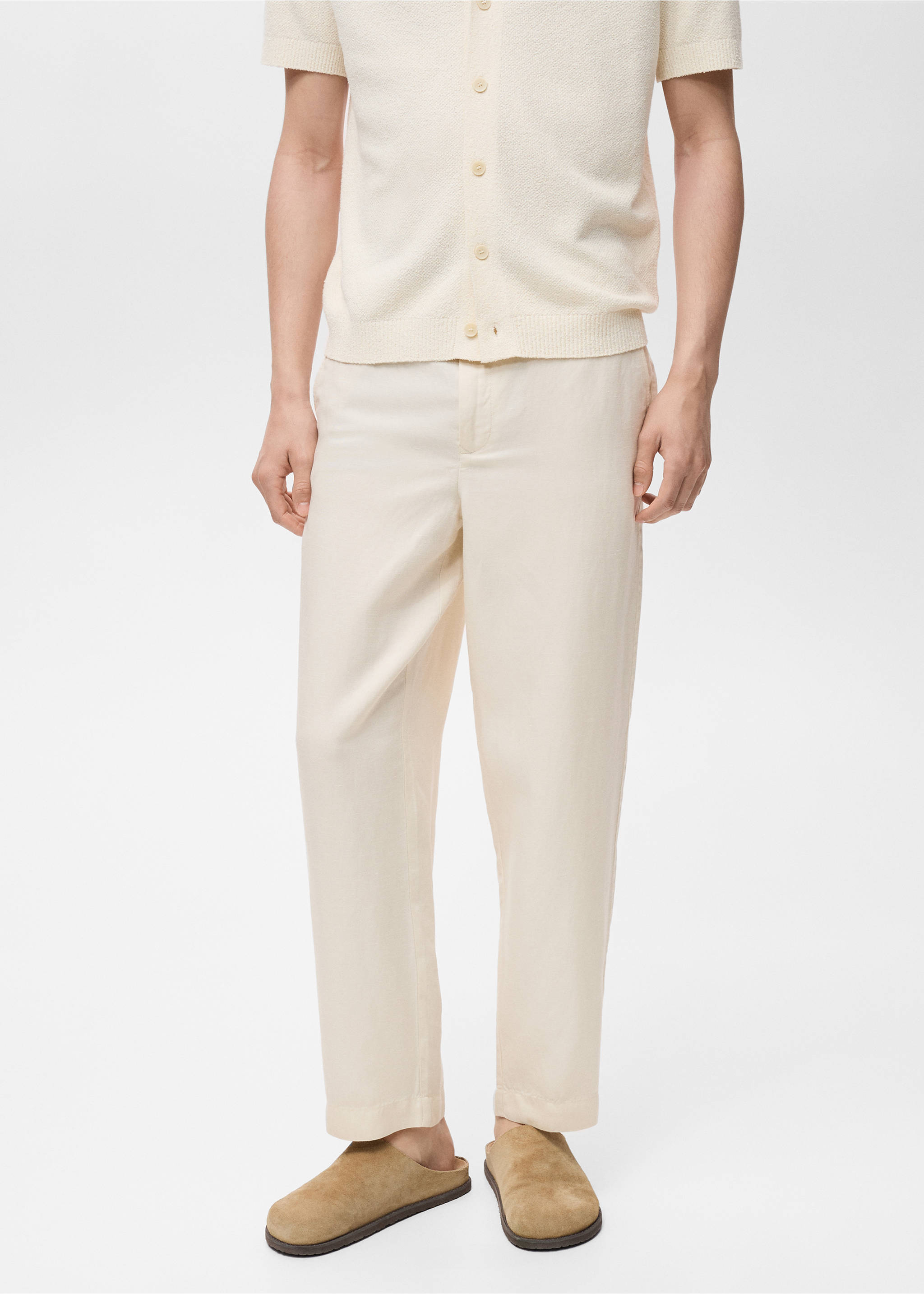 Pantalons barreja lli cintura elàstica - Pla mig, Blanc ivori. Ref: 87079204-00.