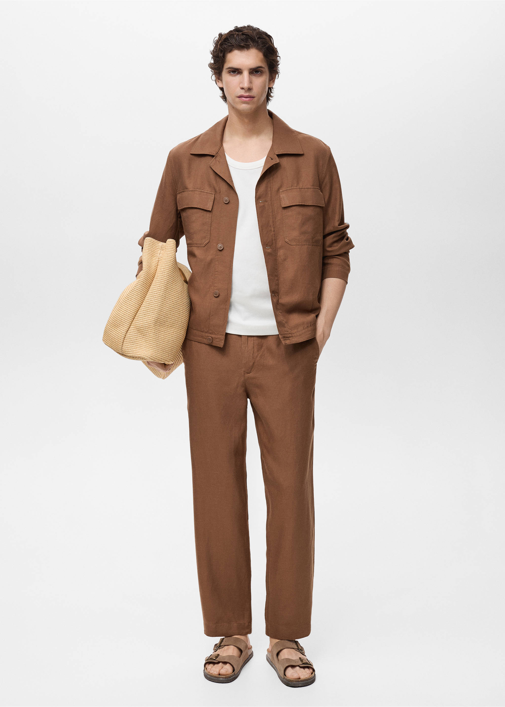 Linen-blend trousers with an elastic waistband - General plane, Tobacco Brown. Ref: 87079204-00.