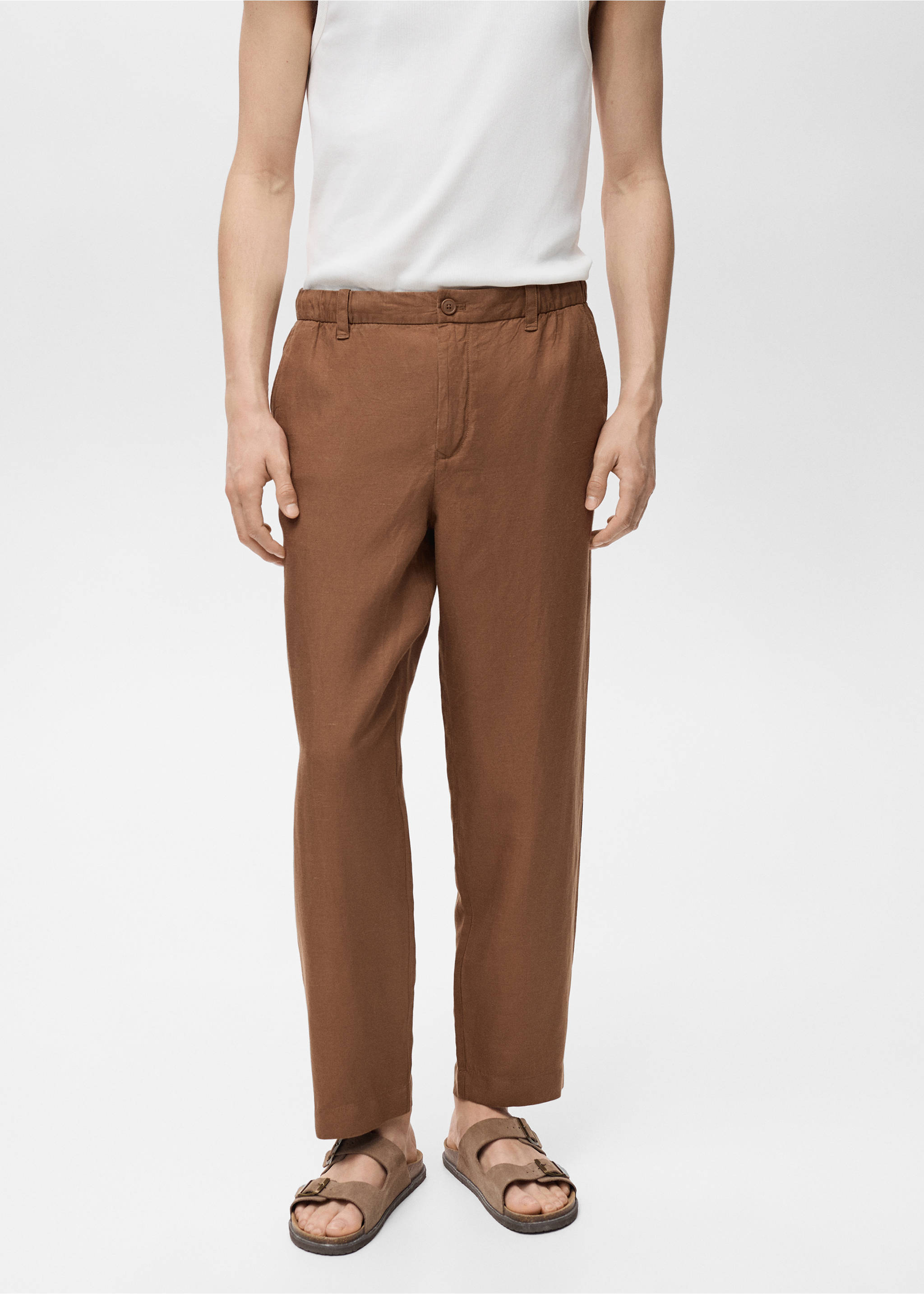Linen-blend trousers with an elastic waistband - Medium plane, Tobacco Brown. Ref: 87079204-00.