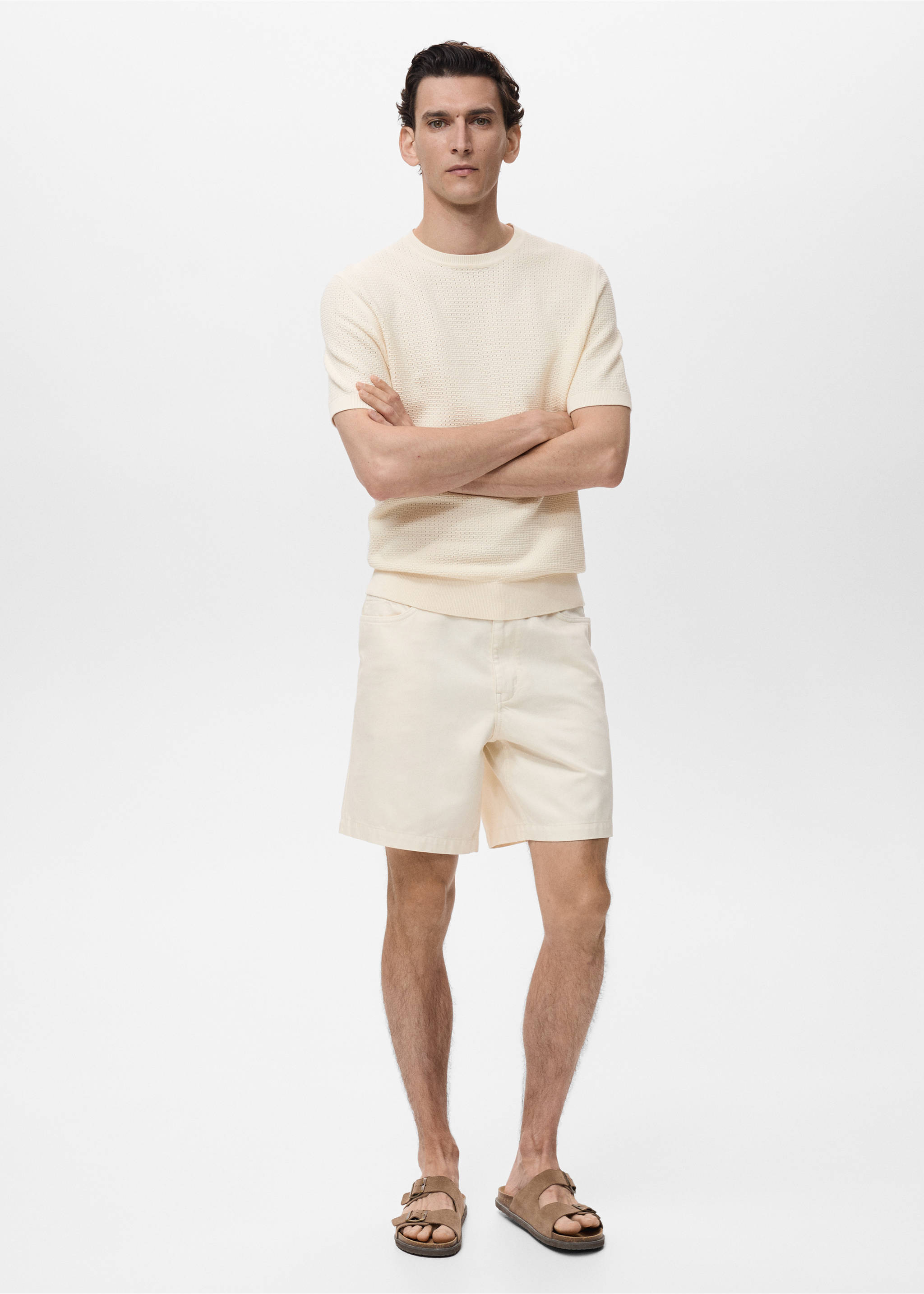 Openwork knitted cotton t-shirt - General plane, Ivory White. Ref: 87079211-00.