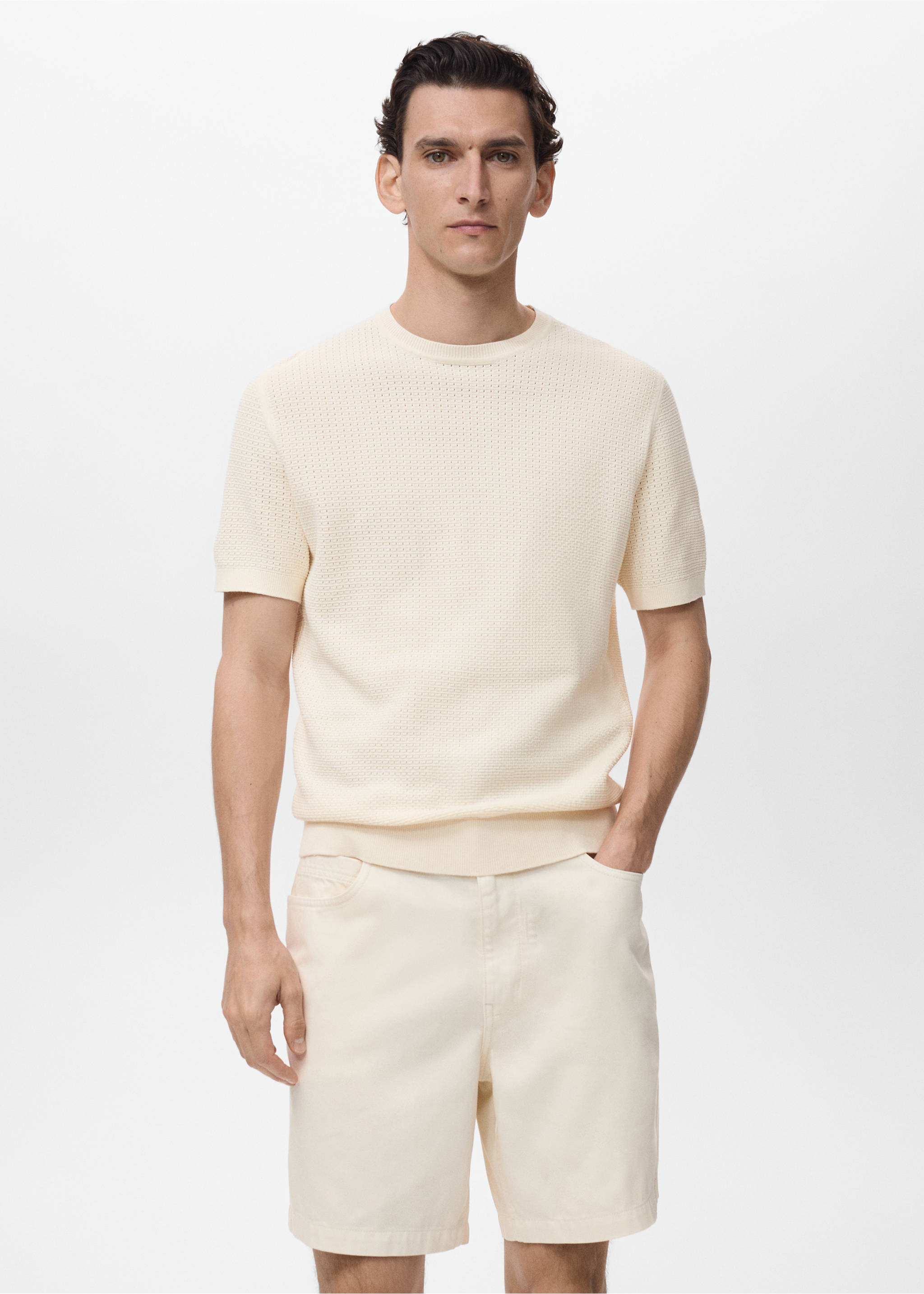 Openwork knitted cotton t-shirt - Medium plane, Ivory White. Ref: 87079211-00.