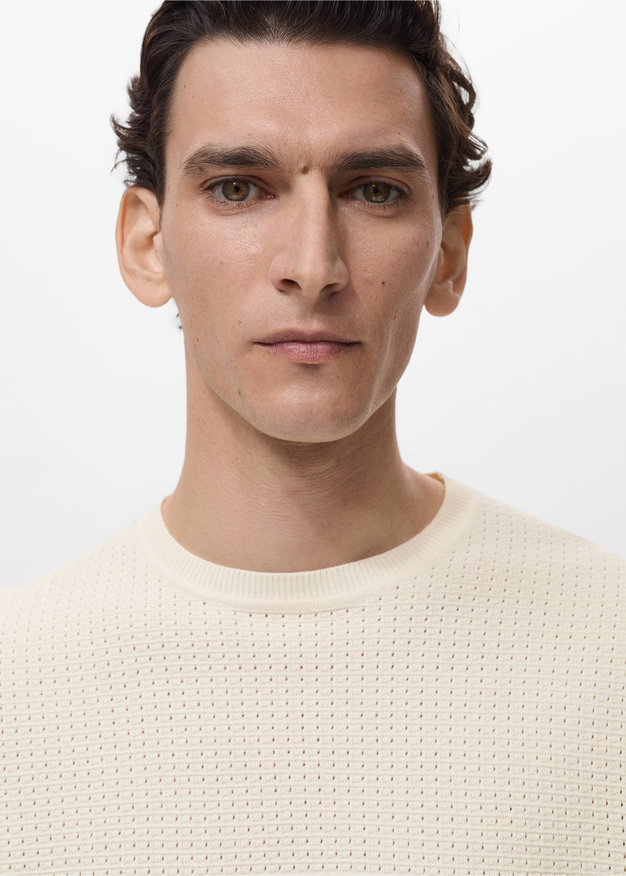 Openwork knitted cotton t-shirt - Details of the article 1, Ivory White. Ref: 87079211-00.