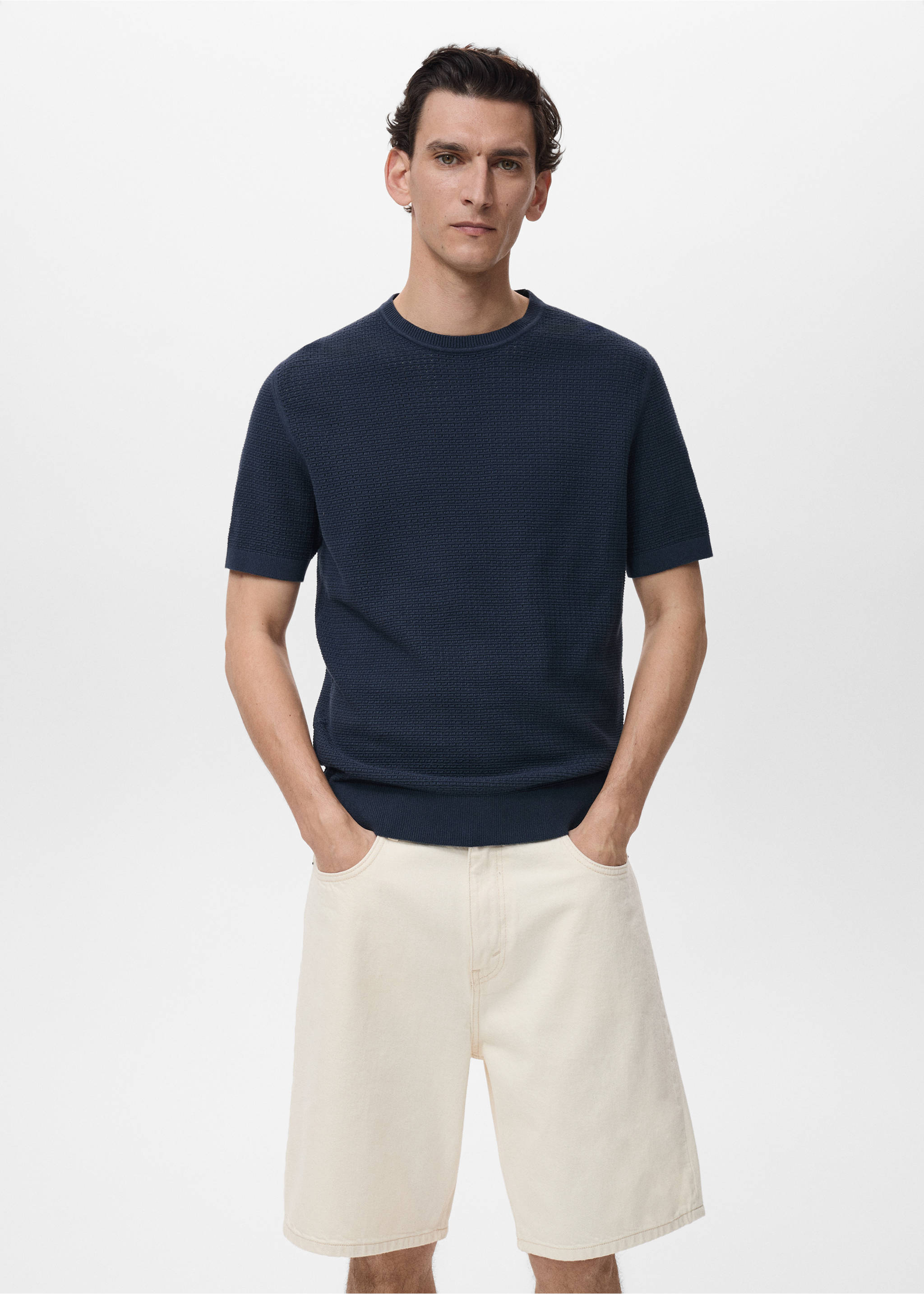 Openwork knitted cotton t-shirt - Medium plane, Ink Blue. Ref: 87079211-00.