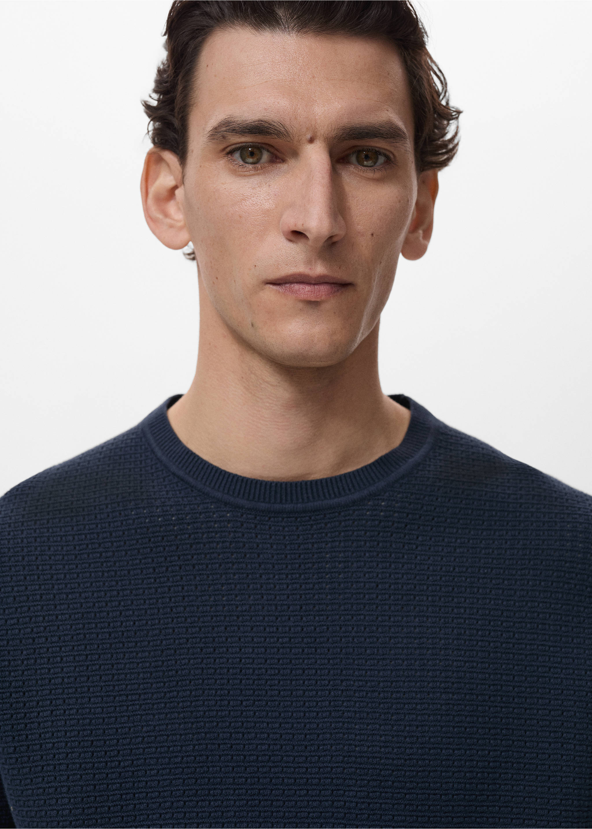 Openwork knitted cotton t-shirt - Details of the article 1, Ink Blue. Ref: 87079211-00.