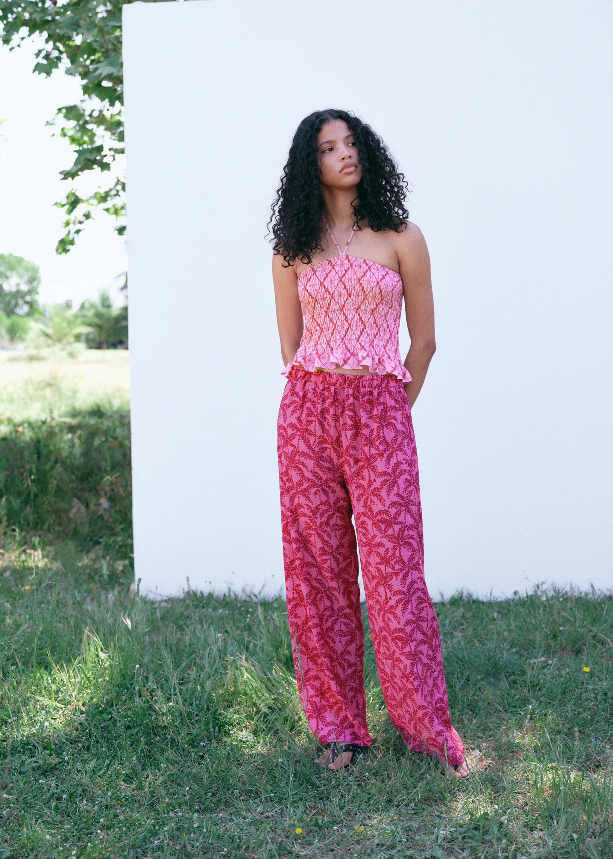 Palm tree print pants - Details of the article 5, Fuchsia. Ref: 87079219-00.
