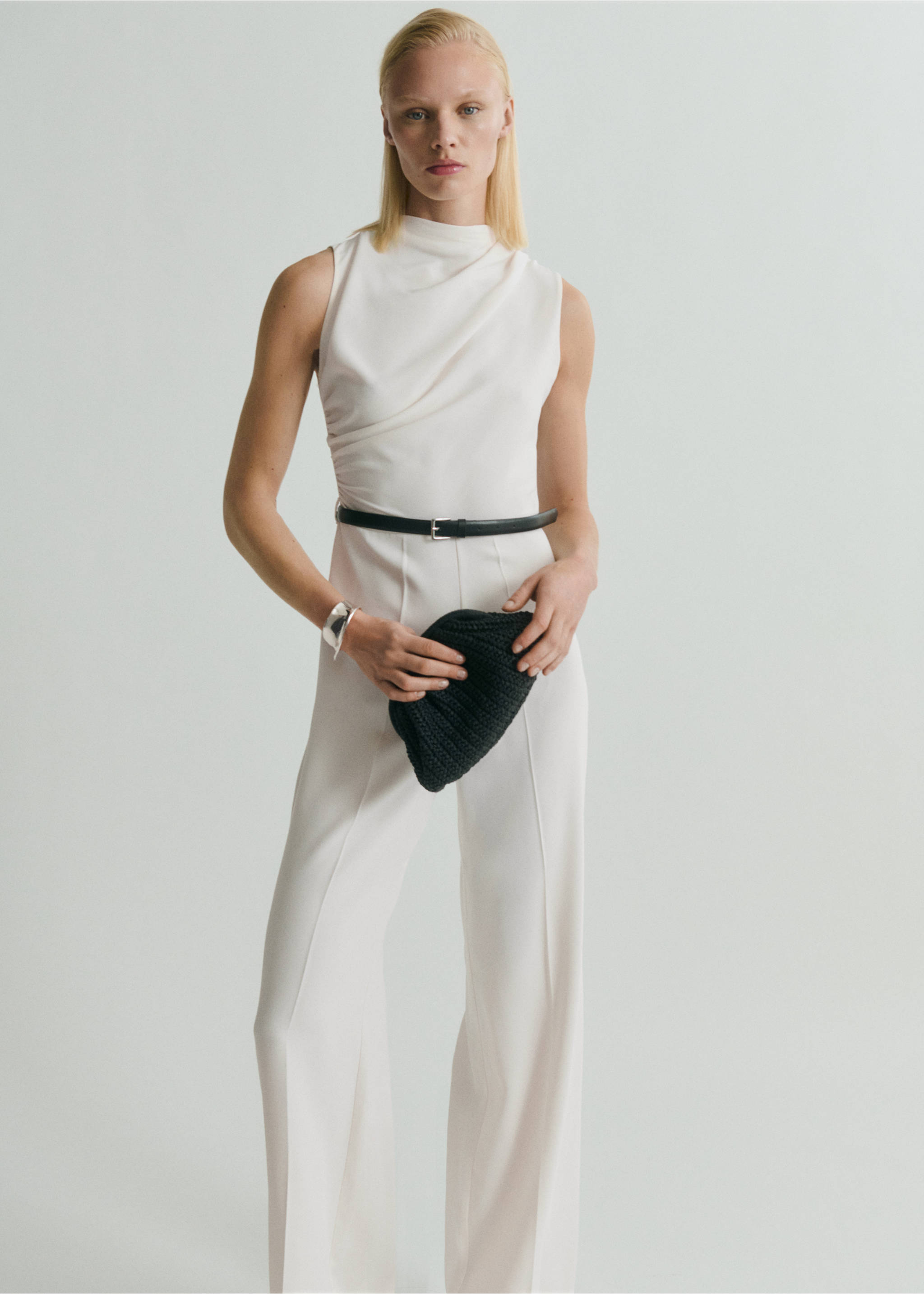 Long jumpsuit with draped neck and belt - Medium plane, Off White. Ref: 87079220-00.